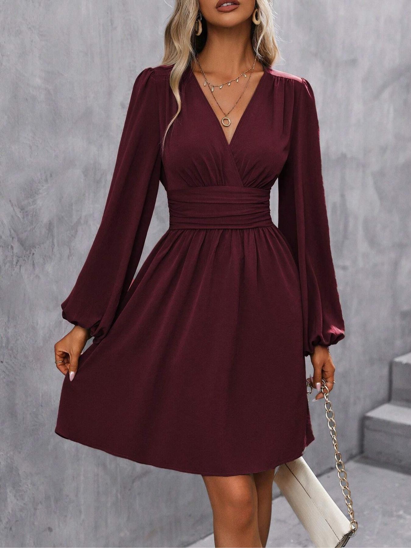 Women's Plain Deep V Neck Dress, Casual Bishop Sleeve A Line Dress for Spring & Fall, Women's Clothing for Daily Wear, Womenswear