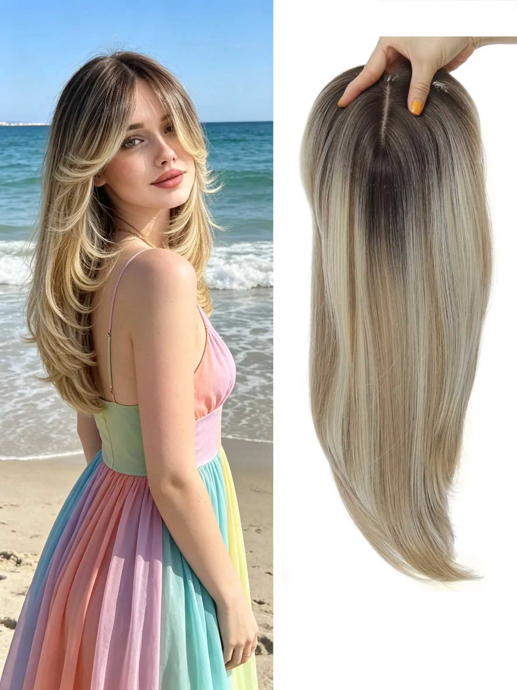 ✨Fresh Summer Beach Dark Chestnut Straight Clip-In Topper, Premium Kanekalon Synthetic Hair With Soft Layered Curtain Bangs, Seamlessly Mask Sparse Scalp, Ideal For Seaside Trips & Simple Daily Looks