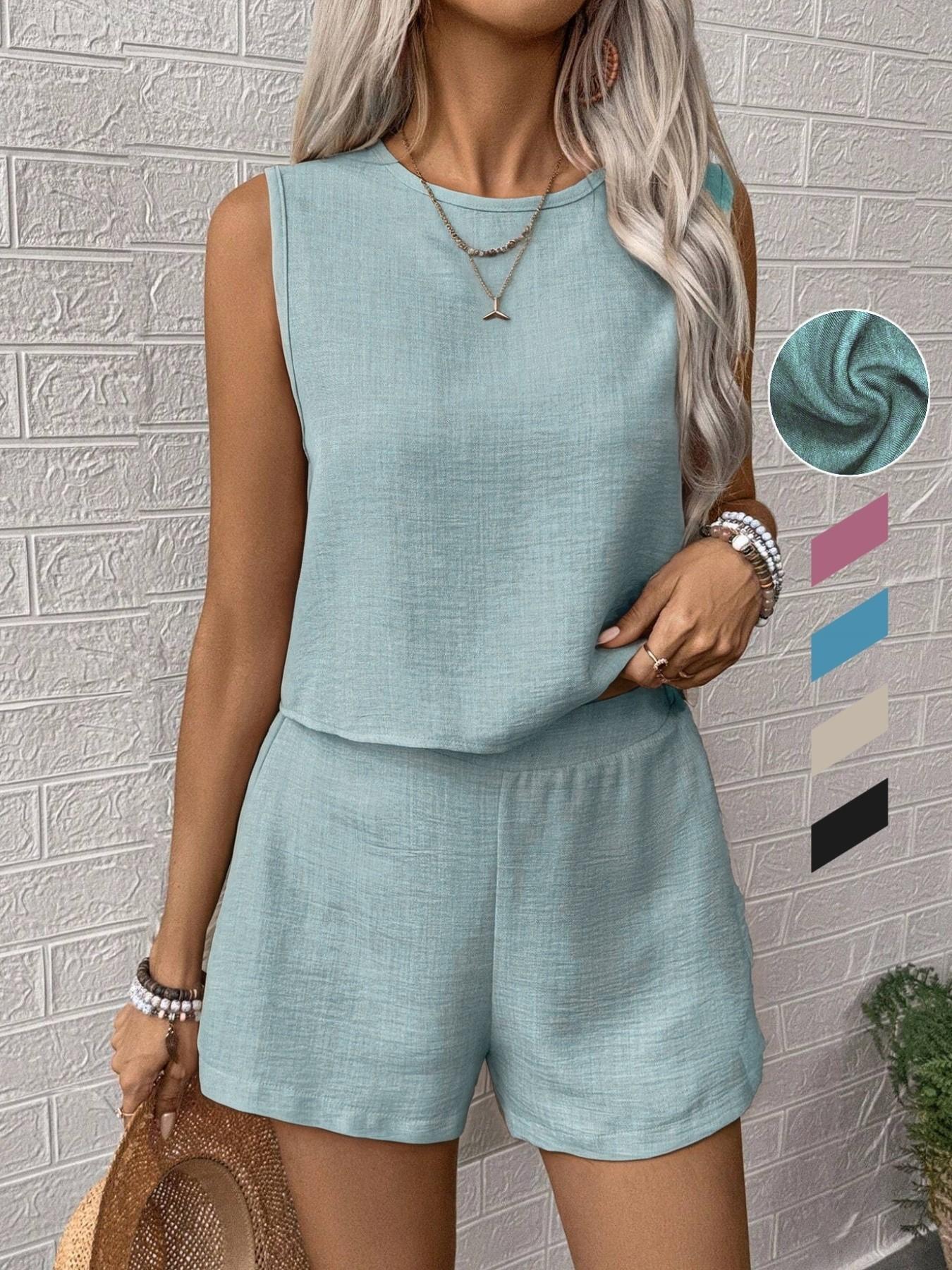 Women's Solid Color Top & Shorts Two-piece Set, Casual Sleeveless Loose Top & Wide Leg Shorts for Everyday Wear, Ladies Two-piece Outfits for All Seasons, Womenswear
