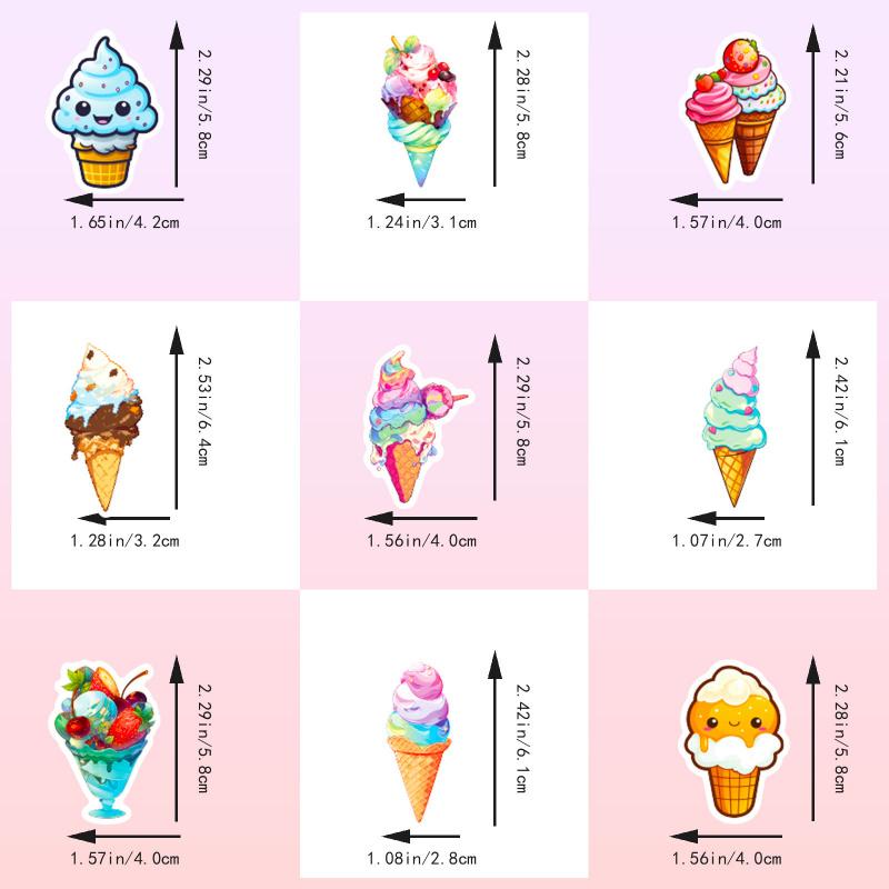 50 sheets colorful ice cream cone stickers, featuring an Instagram-inspired summer theme, showcasing cute designs of chocolate ice cream cones and graffiti-style stickers