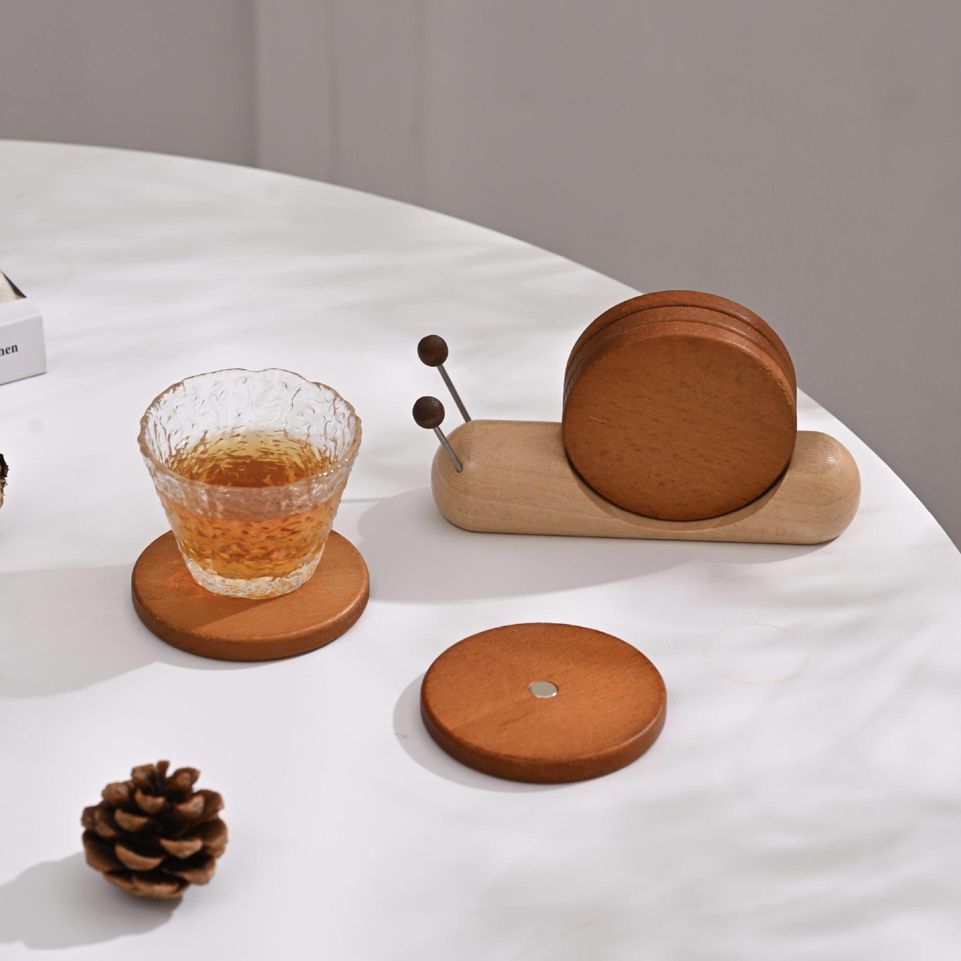 Wooden Snail Coaster Set, Creative Desktop Insulation Pad Decorative Accessory, Magnetic Heat Resistant Mat Pot Bowl Cup Holder, Wooden Coasters