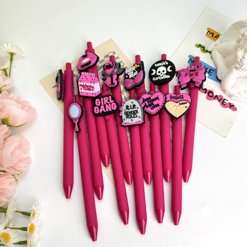 30/50Pcs black and pink contrasting color theme press-action gender-neutral pen, personalized silicone patch design, female power office writing signature ballpoint pen (15/25 pen + 15/25 refill)