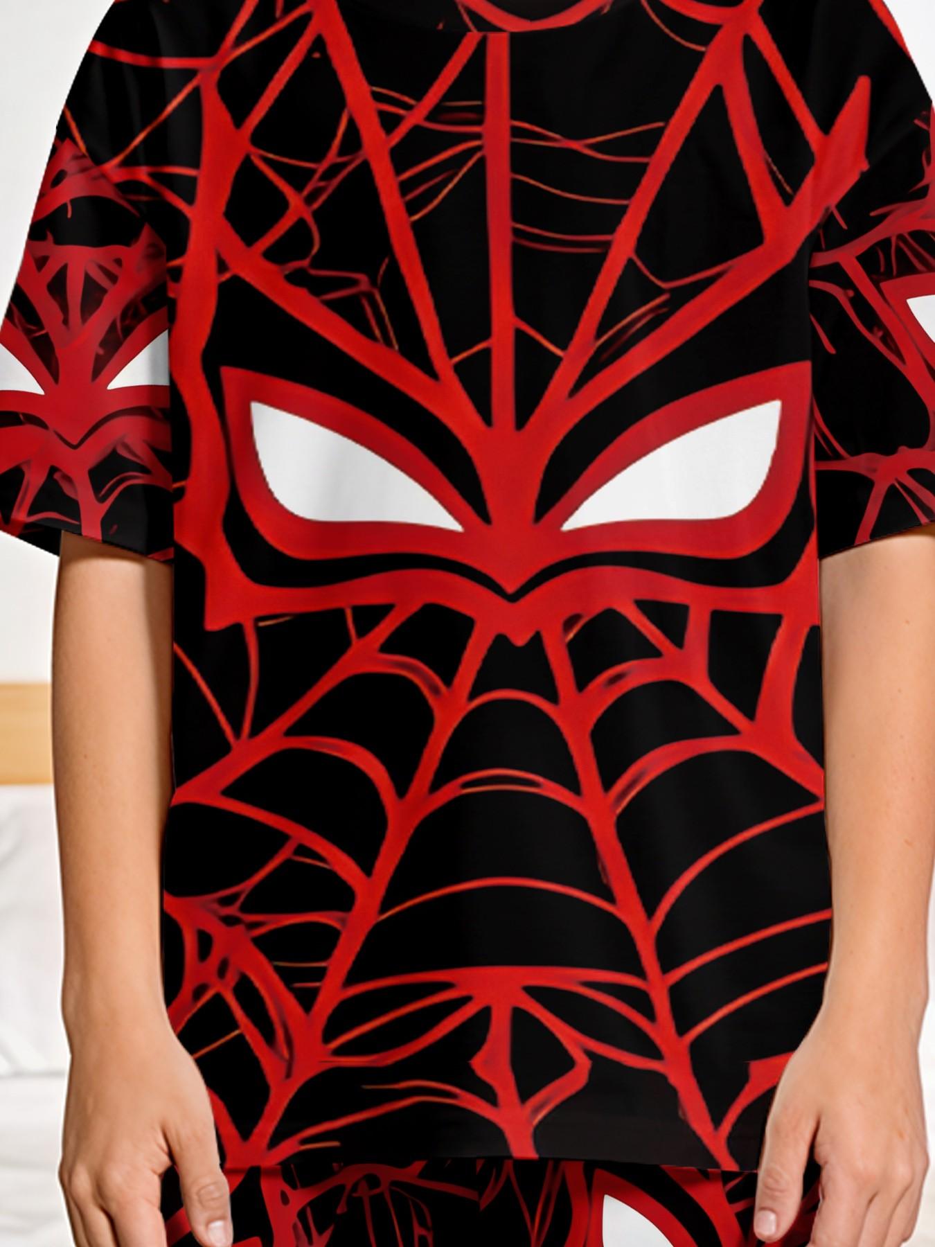 Spider Web Cool Hero 2-Piece Boys' Digital Print Short-Sleeve Pajamas with Long Sleep Pants, a stylish, trendy, casual, comfortable and soft pajama set, suitable for boys' sleep and home leisure, a perfect gift for boys