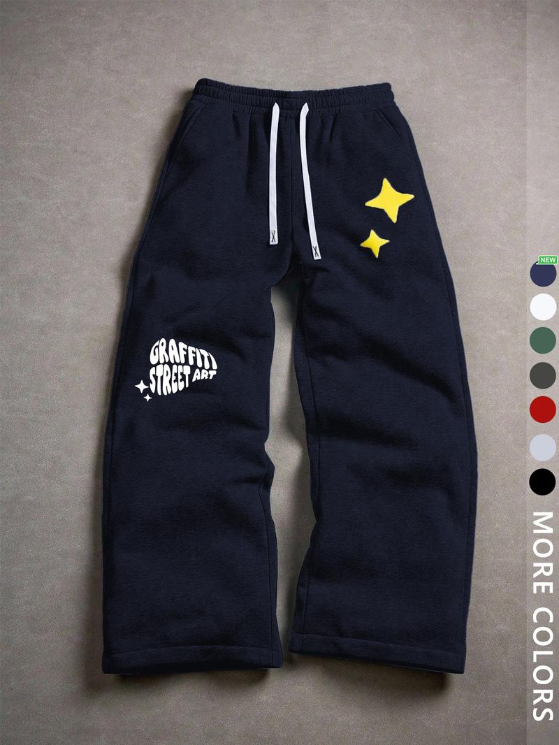 Unisex Street Style Jogger Pants, Hip-Hop Letters & Stars Print, Loose Straight Fit, Fall&winter, Casual Rock Skateboarding