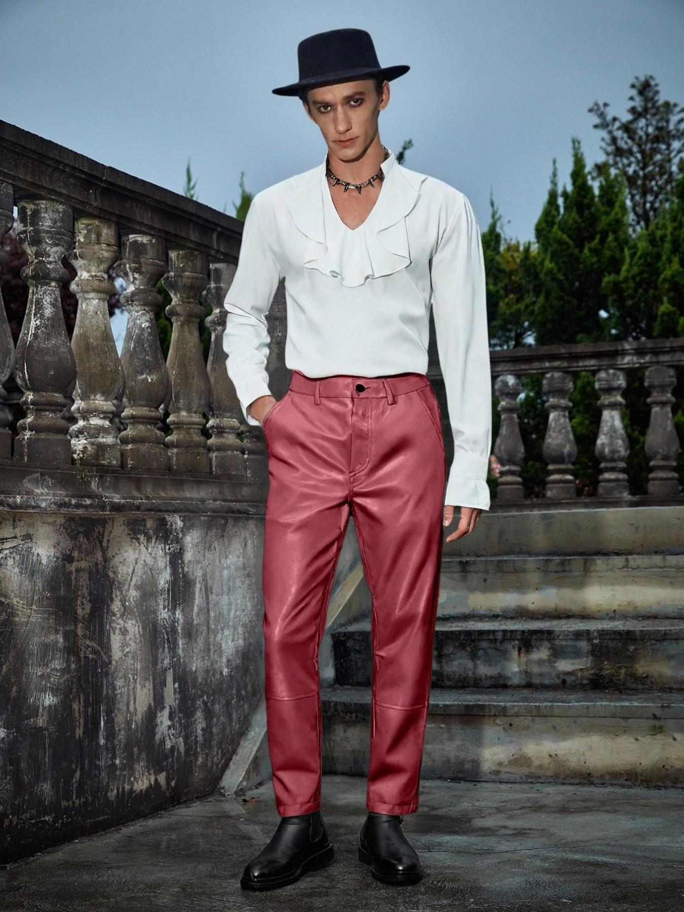 Men's Glossy PU Leather Straight Leg Pants, Motorcycle Style Streetwear Slim Fit, Fashionable Long Pants for Daily Wear