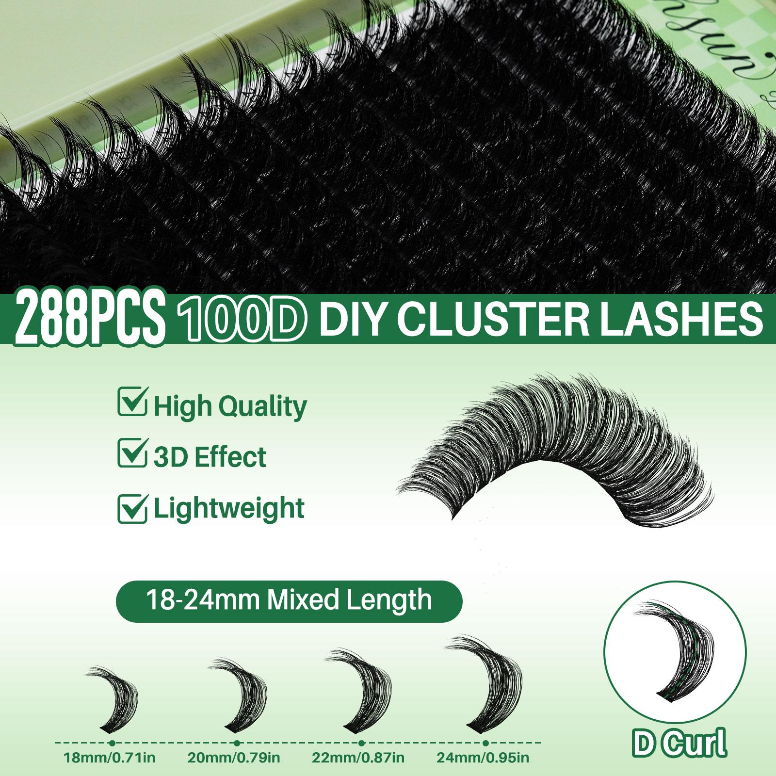 100D D Curl 18-24mm Mixed Length DIY Cluster Lashes Kit, 1 Box Soft and Comfortable False Eyelashes, Long-lasting Lashes Kit for Women & Girls, Individual Lashes Cluster