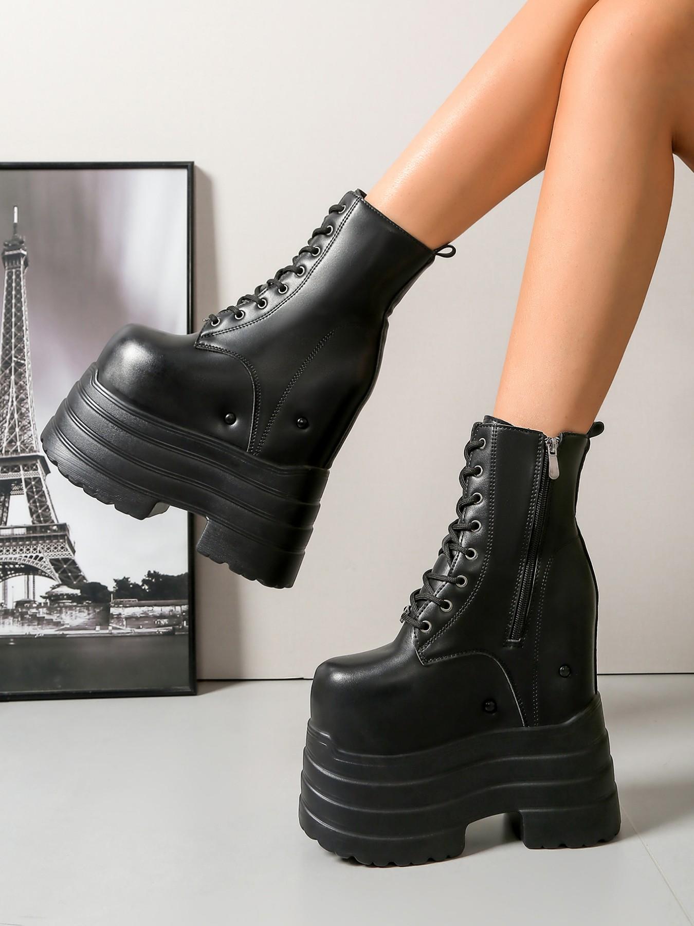 Women's 17CM Ultra Height Boost Platform Combat Boots | For Cosplay Anime Convention | Gothic Punk Y2K Style | PU Leather Lace-Up Non-Slip Lug Sole Round Toe | For Comic Con, Cosplay Event, Rave Festival, Alt Outfits