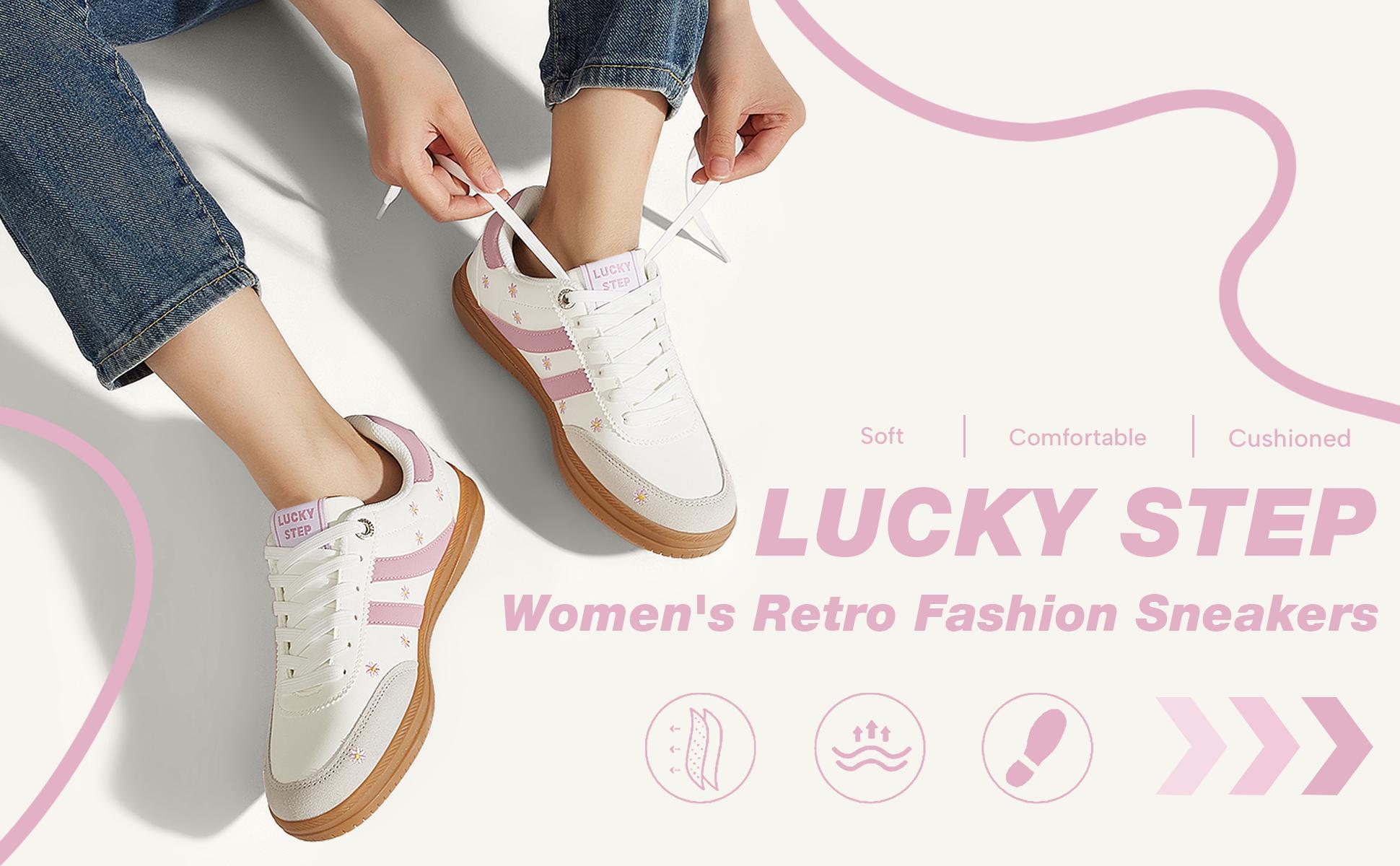LUCKY STEP Women Classic Retro Tennis Sneakers Fashion Gum Sole Skate Casual Walking Shoe Anti Slip Floral Embroidery Comfortable Trainers