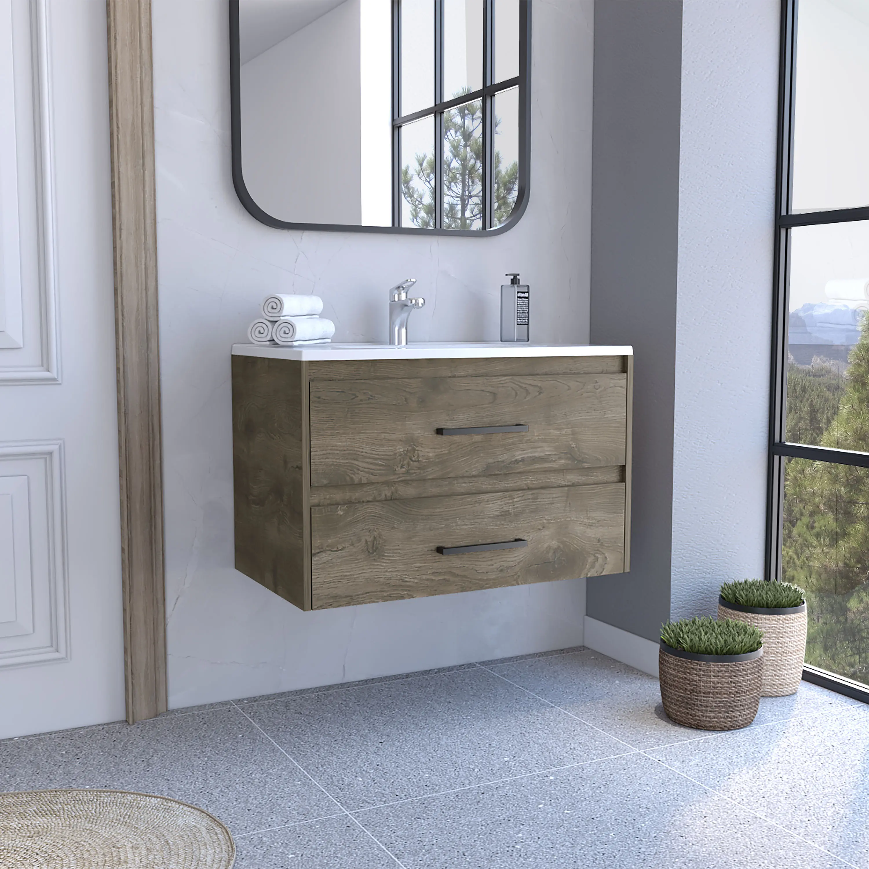 Floating Bathroom Vanity with Sink and 2 Drawers, Dark Brown and White, Wall-Mounted, 31.7 x 18.9 x 20.5 in