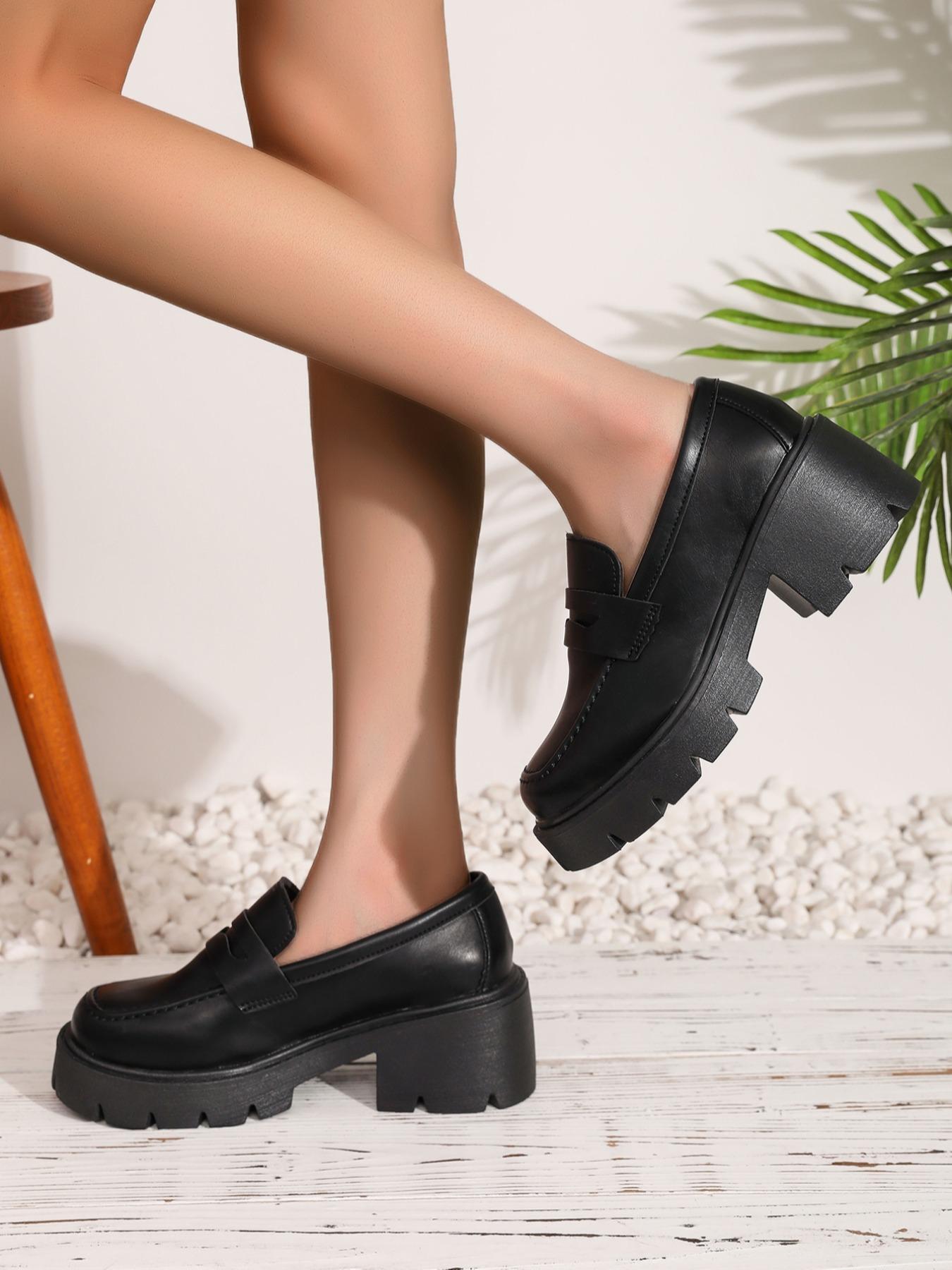 Women's High Heel Chunky Shoes Size 36-43, PU Leather Upper, Rubber Sole, Plain Pattern, Casual Style, All Season Wear