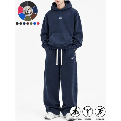 Men's 2-Piece Loose-Fit Vintage Washed Clothing Set, Long-Sleeve Pullover Hoodie with Small Chest Star Logo, Wide-Leg Drawstring Sweatpants, Machine Washable Medium-Cut Streetwear Sweatshirts Workout Set, Men's Clothing