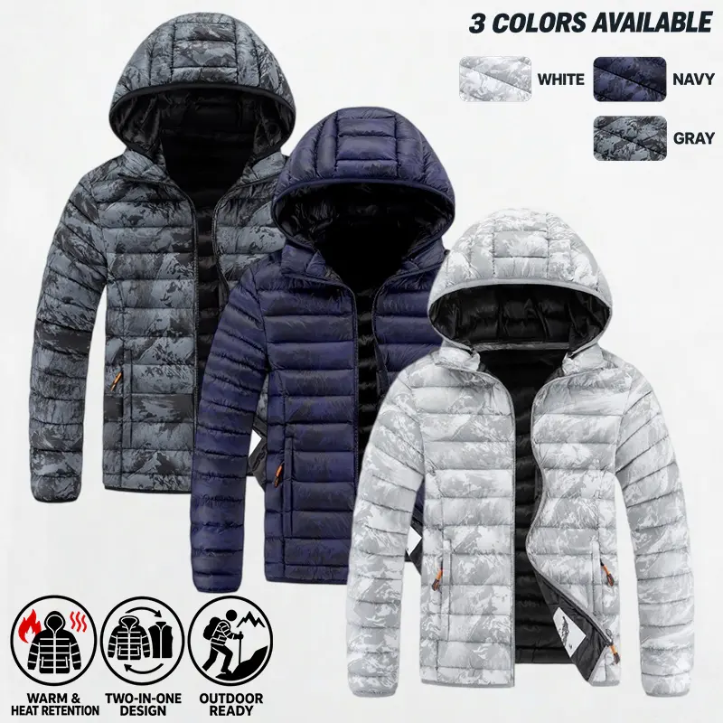 Men's Camouflage Print Hooded Puffer Jacket with Detachable Inner Liner, 2-in-1 convertible design, full front zipper, padded warm outerwear, multiple colors available, ideal for outdoor hiking, camping and autumn & winter daily casual outfits