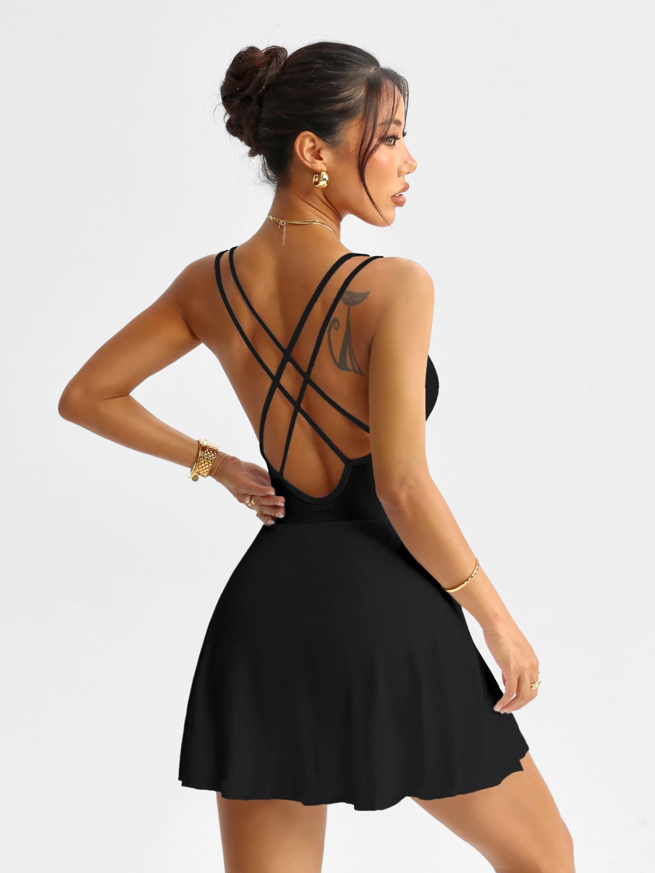 Multi-Functional Women's Sport Dress Criss Cross Back Design, Removable Padding, Anti-See Through Yoga Skirt with Shorts, Backless Sports Dress