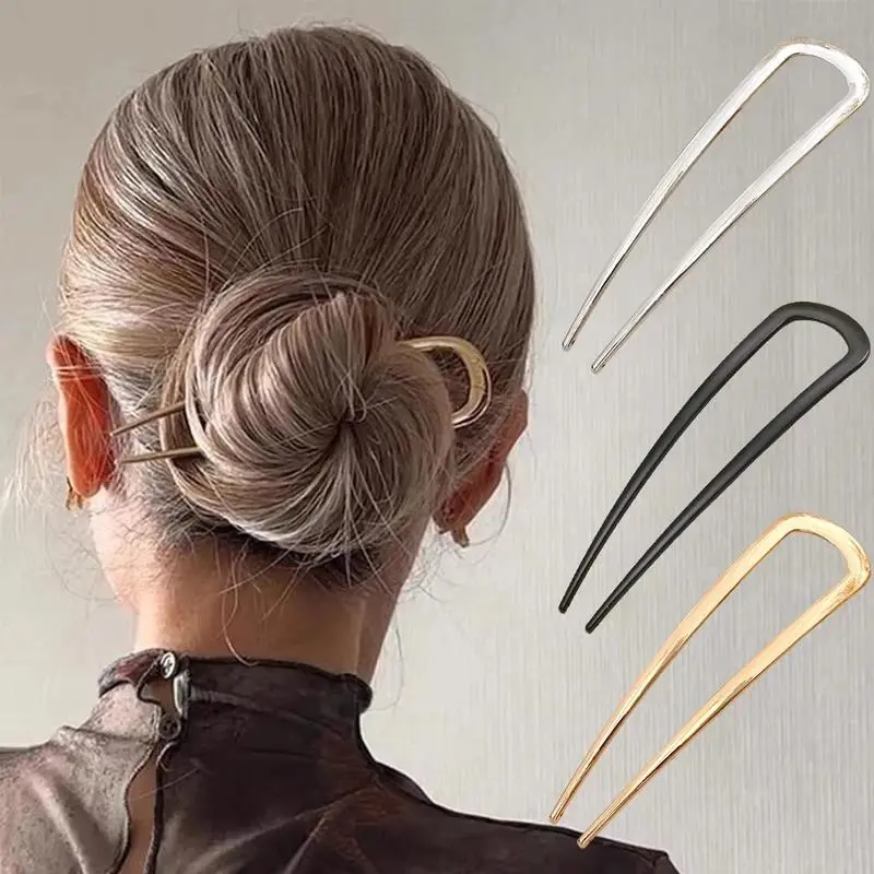 3‑Pack Elegant Simple U‑Shaped Metal Hair Forks, Geometric Design Hair Stick Hairpins, Fashion Headwear Hair Jewelry Multi‑Set Accessories for Women Girls Daily & Party Hair Styling