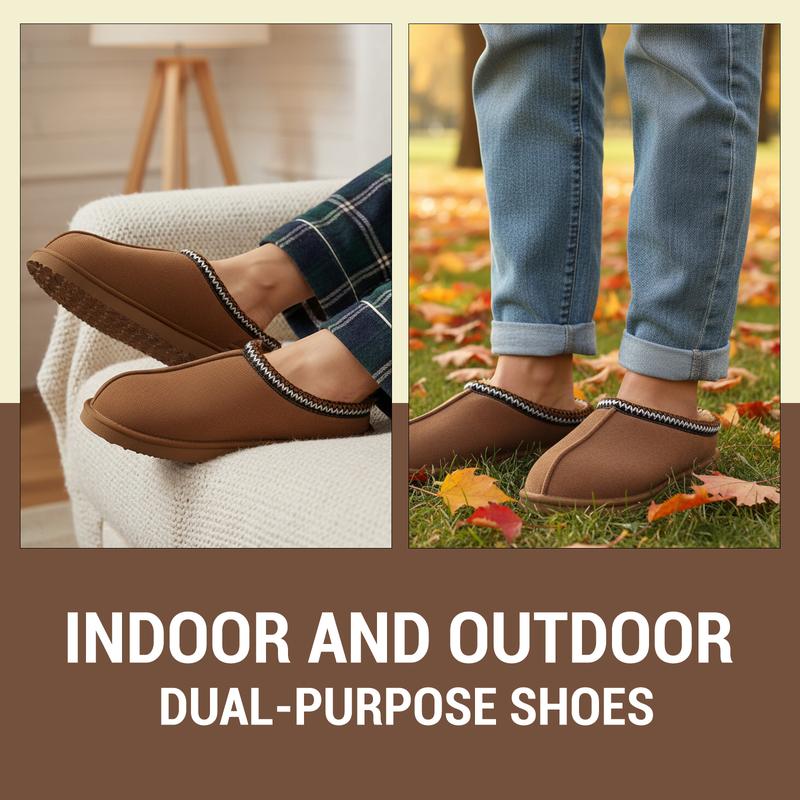 OOW Men's Fuzzy Suede Leather Slippers Winter Warm Memory Foam Non-Slip Outsole Indoor Outdoor House Shoes Chestnut Classic Decor Breathable Suede Uppers Soft Plush Lining - Footwear