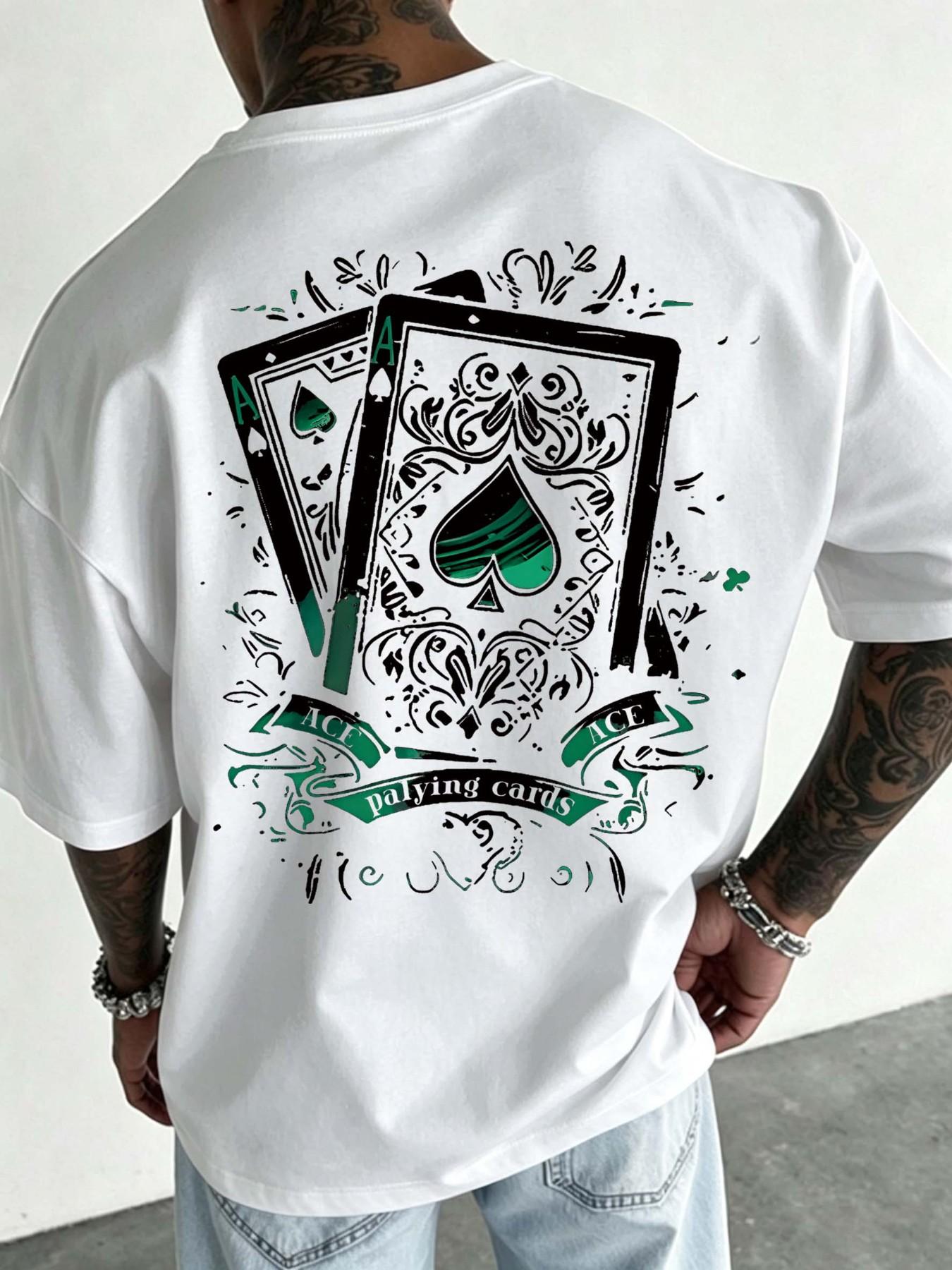 Oversized Spade Pattern T-shirt for Men, 2026 Summer Street Style Poker Printed T-shirt, Retro Y2K Harajuku Casual Cotton Top, Hip Hop Street Style Short Sleeve, Casual Daily Wear