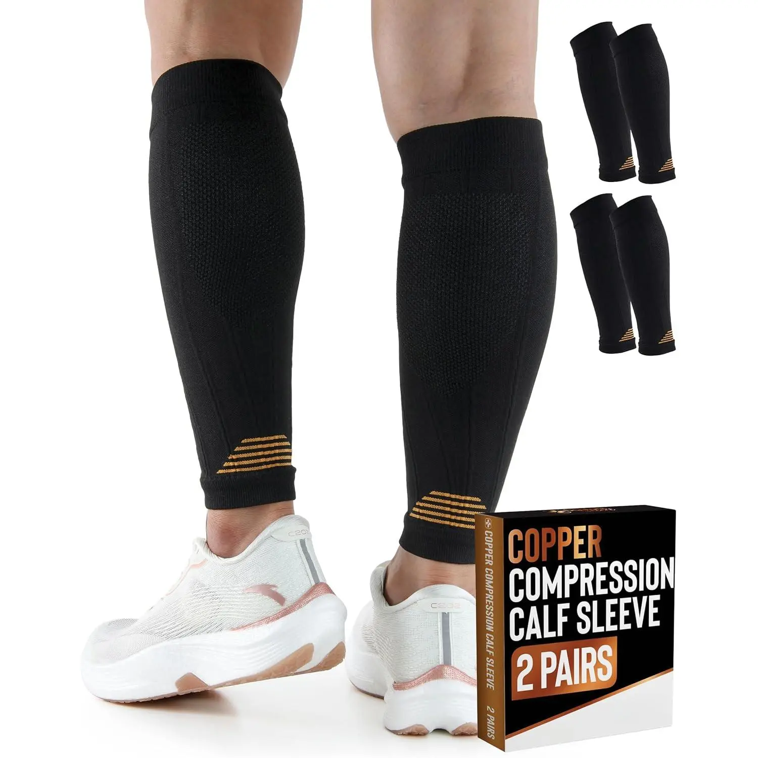 2 Pairs Copper Calf Compression Sleeve - Leg Compression Sleeves for Women & Men, Shin Splint Relief