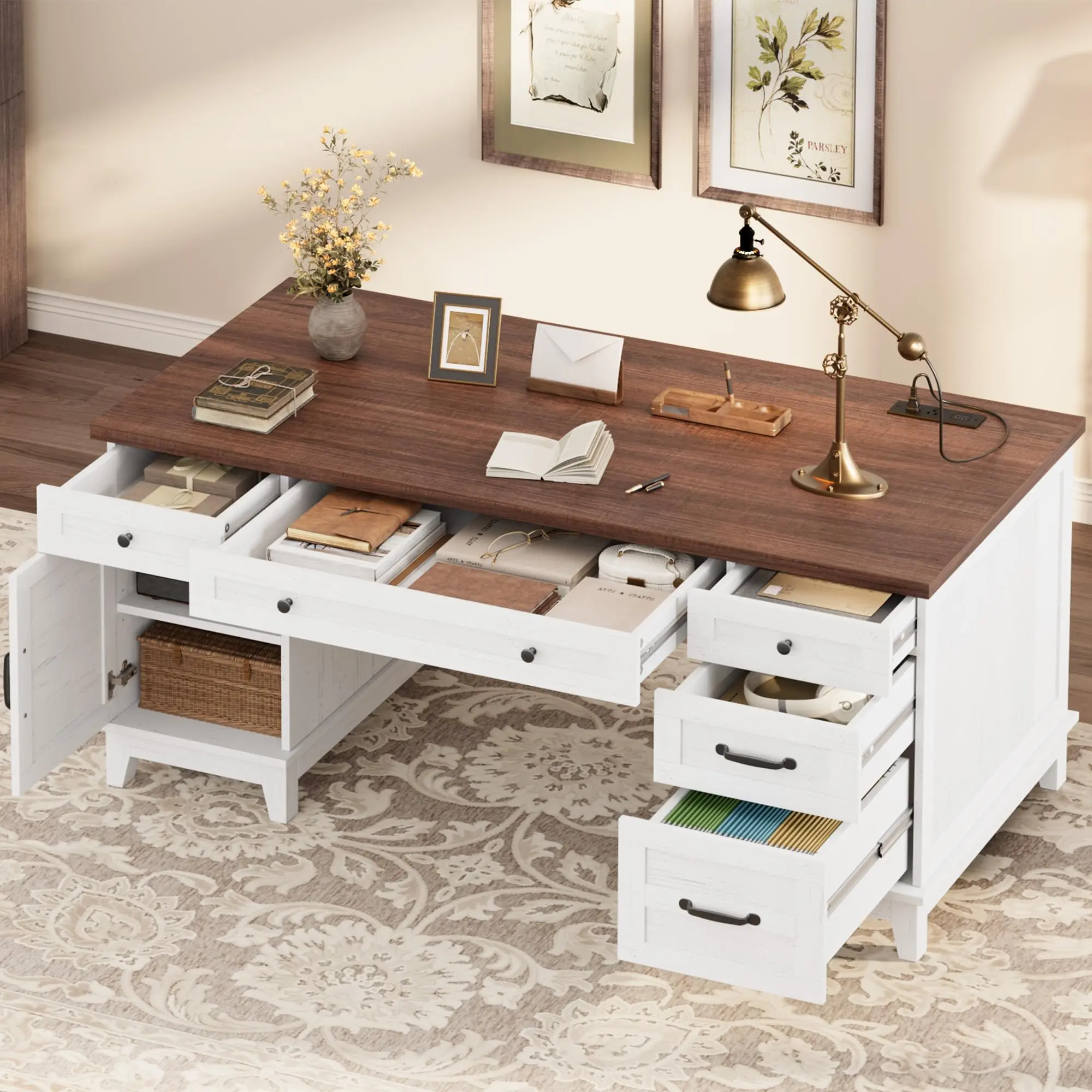 GARVEE Extra-Large Double Workstation Office Desk - Sturdy Frame, Adjustable Storage Cabinets, Full-Extension Drawers, Built-in Charging Station for Shared Work Area, Brownish White