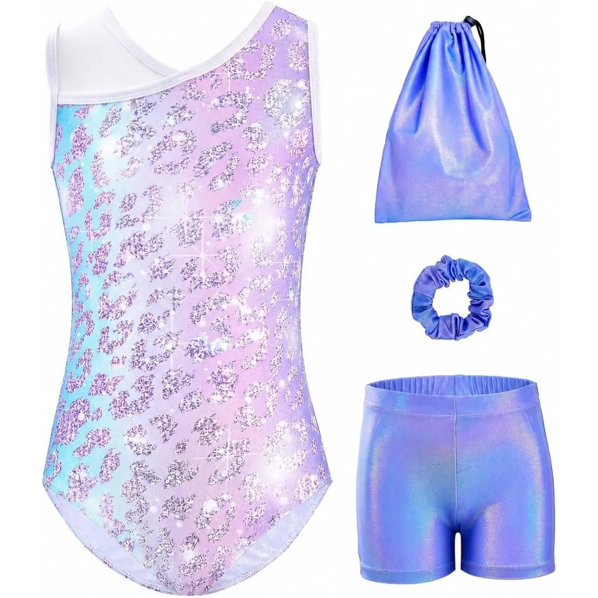 Girls 4-Piece Gymnastics Leotard Outfit with Scrunchie, Shorts & Storage Bag - Sleeveless Stretchy Tumbling Practice Wear for Ages 3-12Gift