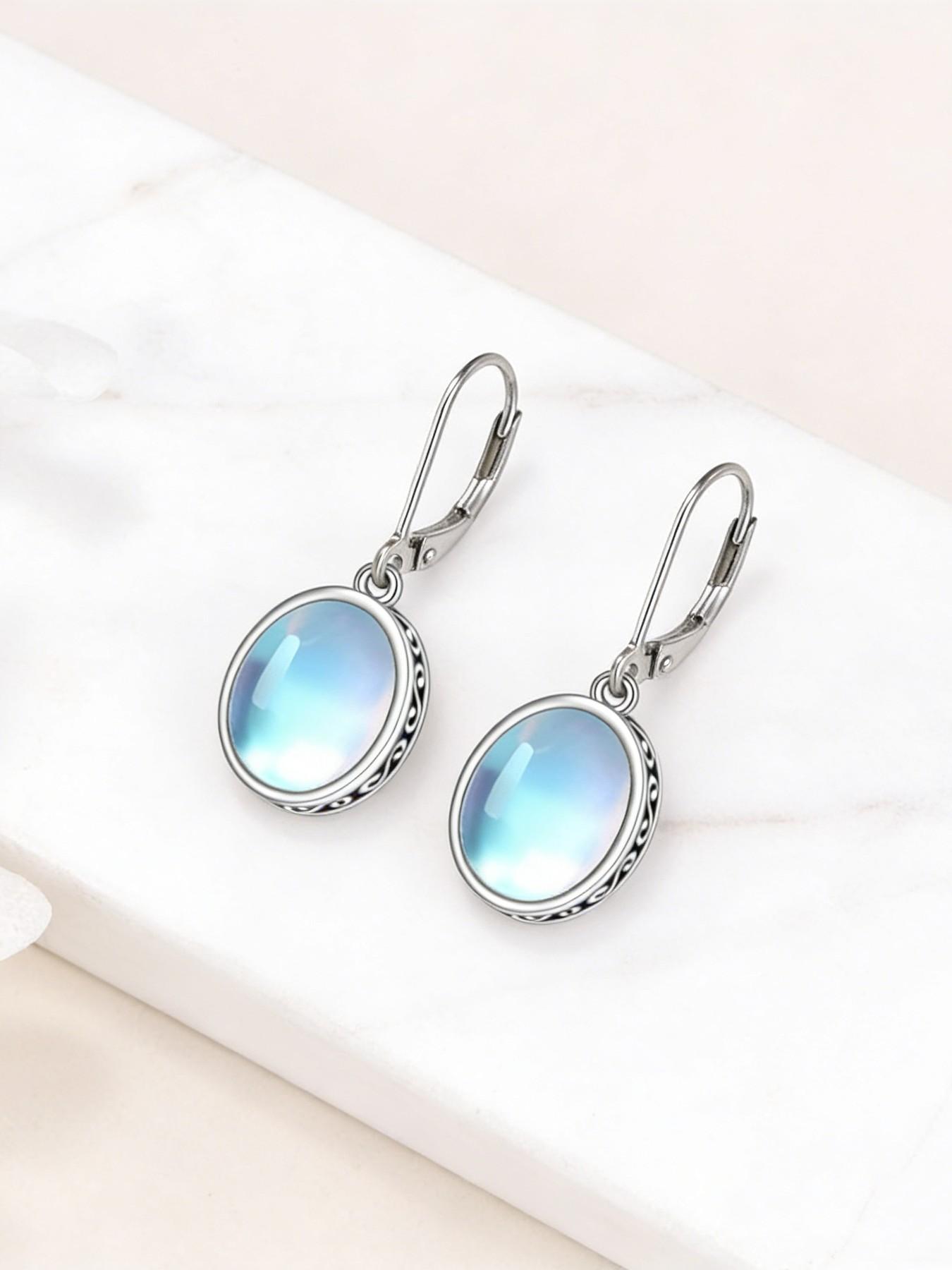 Women's 925 Silver Vintage Bohemian Oval Moonstone Dangle Earrings, Hypoallergenic Fashion Jewelry, Perfect for Daily Wear and Gifts