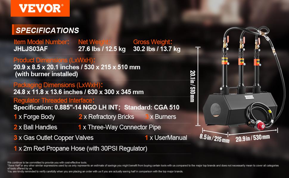 VEVOR Portable Propane Forge, 3 Burner Farrier Forge, 2600 Tool and Knife Making Blacksmithing Gas Forge, Large Capacity Hexagon Cold-Rolled Steel Gas Forging Tools and Equipment for Metal Forging