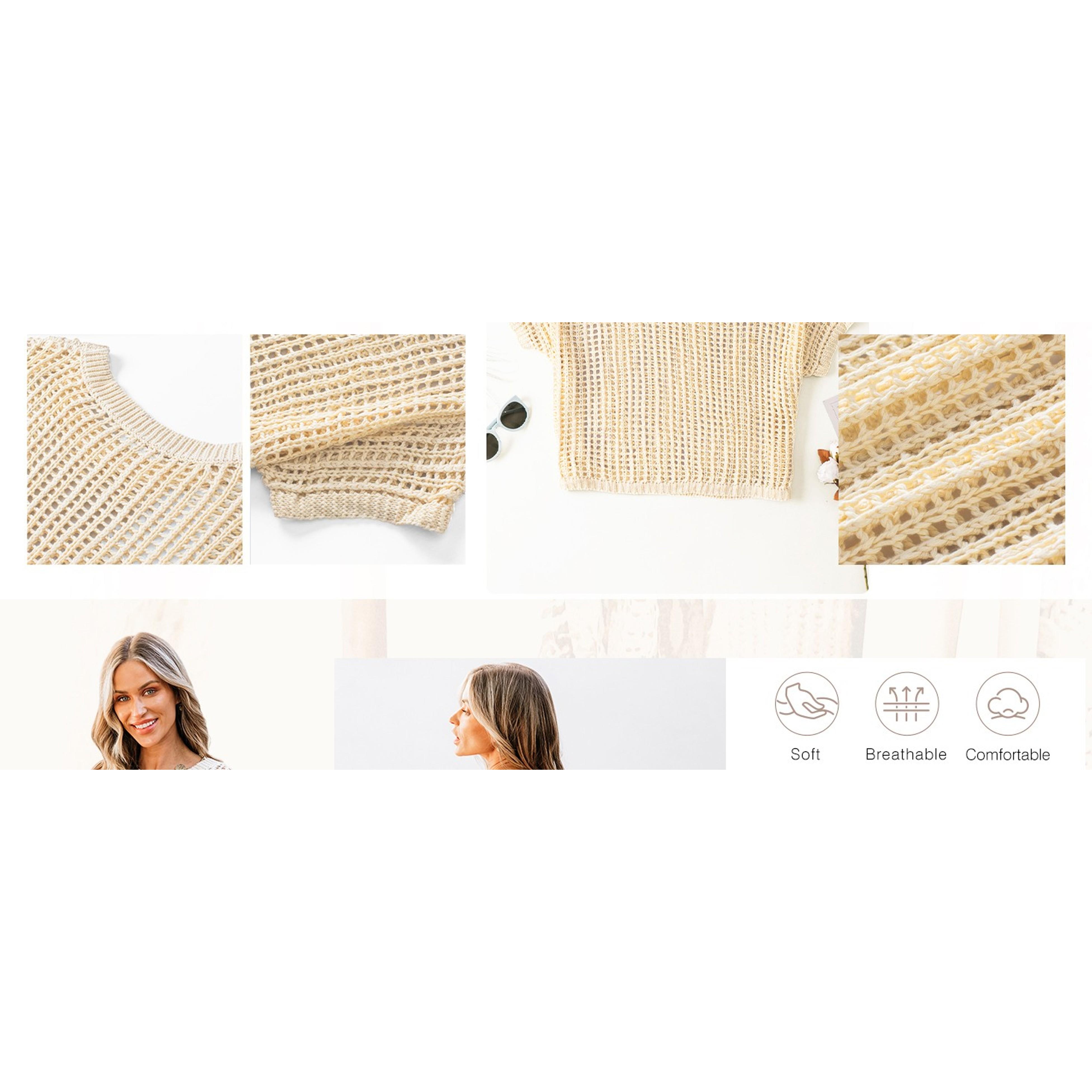 Women's Summer Scoop Neck Short Sleeve Crochet Hollow Out Knit Sweater Top Casual Pullover Beach Cover Up