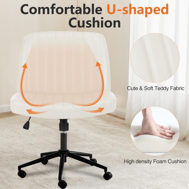 Armless Wide Swivel Office Chair with Cross Leg Seating, Adjustable Fabric Vanity Chair with Wheels and Fixed Base, Padded Seat, Grey