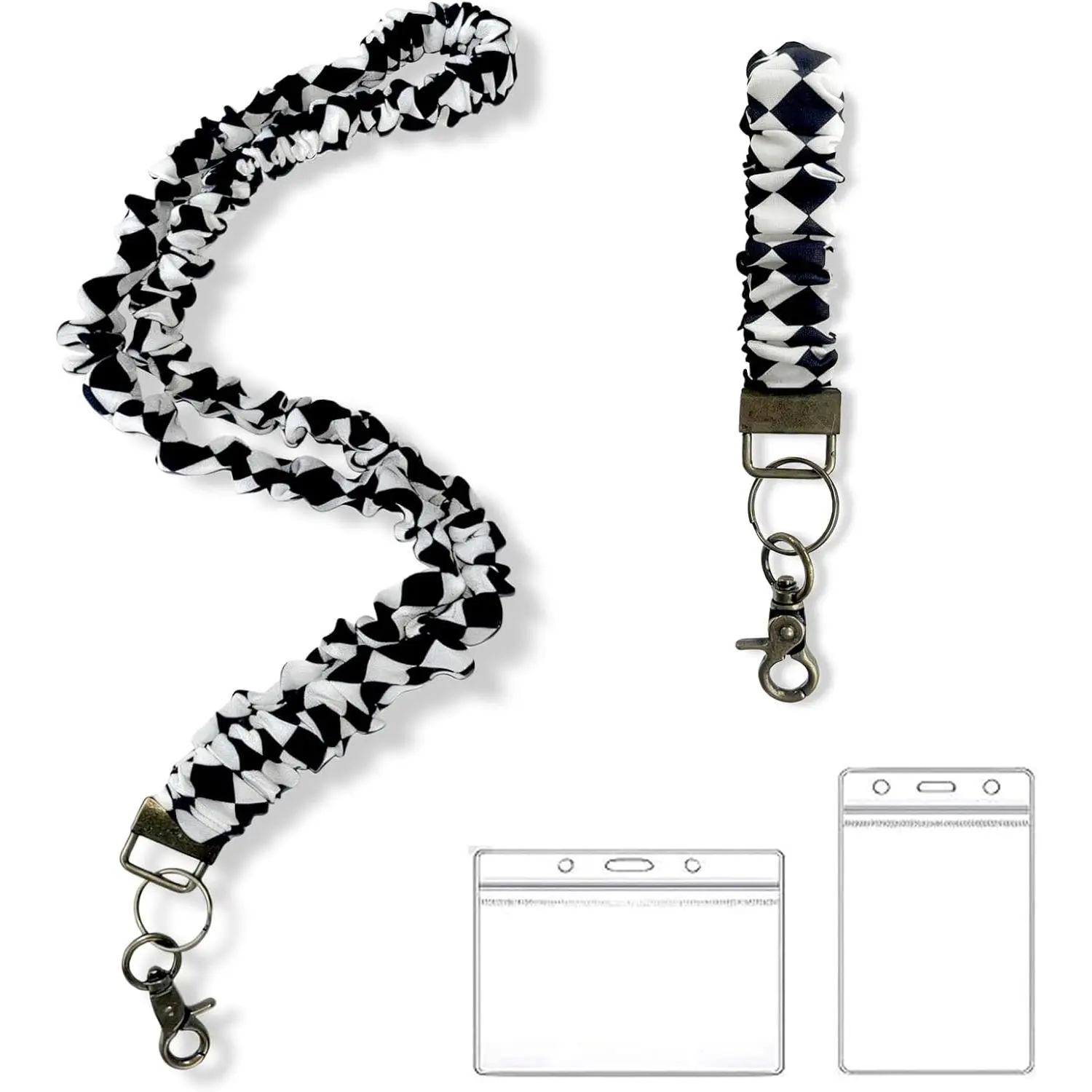 Prudiut Scrunchie Lanyard for Id Badges, Stretchy Scrunchie Lanyard with 2 ID Holder, Black Retractable Scrunchie  Strap  for Teacher, Nurse, Cruise Ship (B&w Checkered)