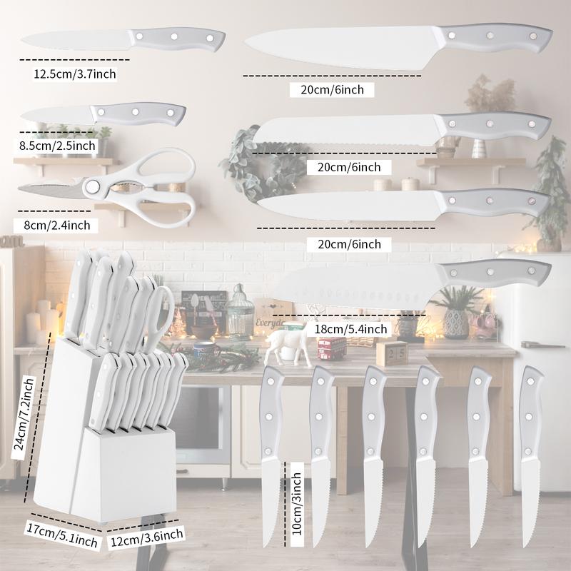 15 Pieces, Kitchen Knife Set, Solid Wooden Knife Holder, Plastic Knife Holder, Chef's Knife, Japanese Knife, Meat Knife, Bread Knife, Steak Knife, Fruit Knife, Scissors, Meat and Vegetable Cutter,  Gift Set Kitchenware Sturdy Stylish Stainless Steel