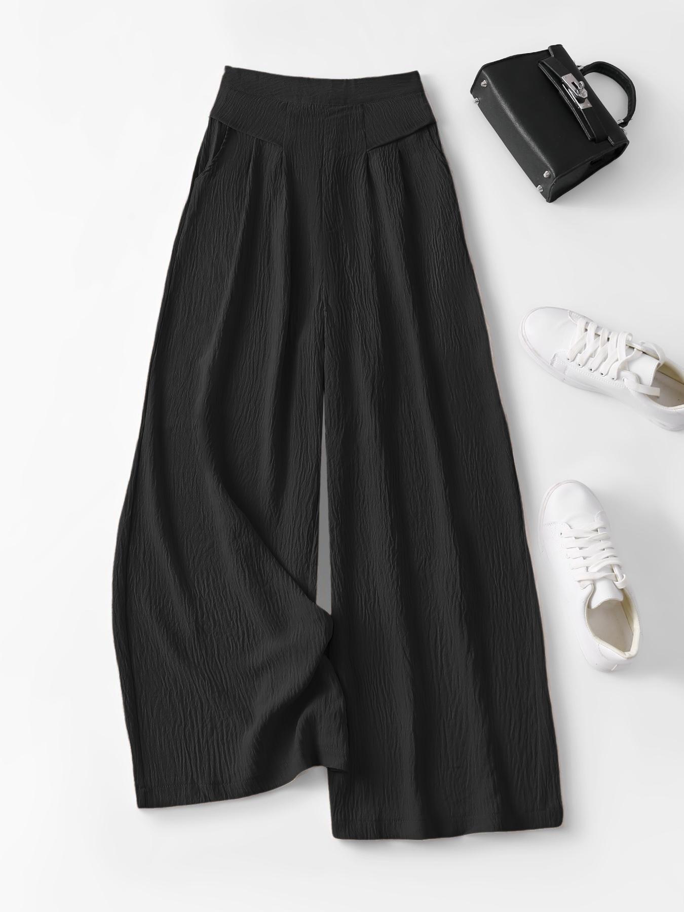 Women's High-Waisted Wide-Leg Pants, Womenswear Casual Bohemian Skin-Friendly Comfort Fit Trousers, Multiple Colors, S-XXL, Casual Textured Trousers
