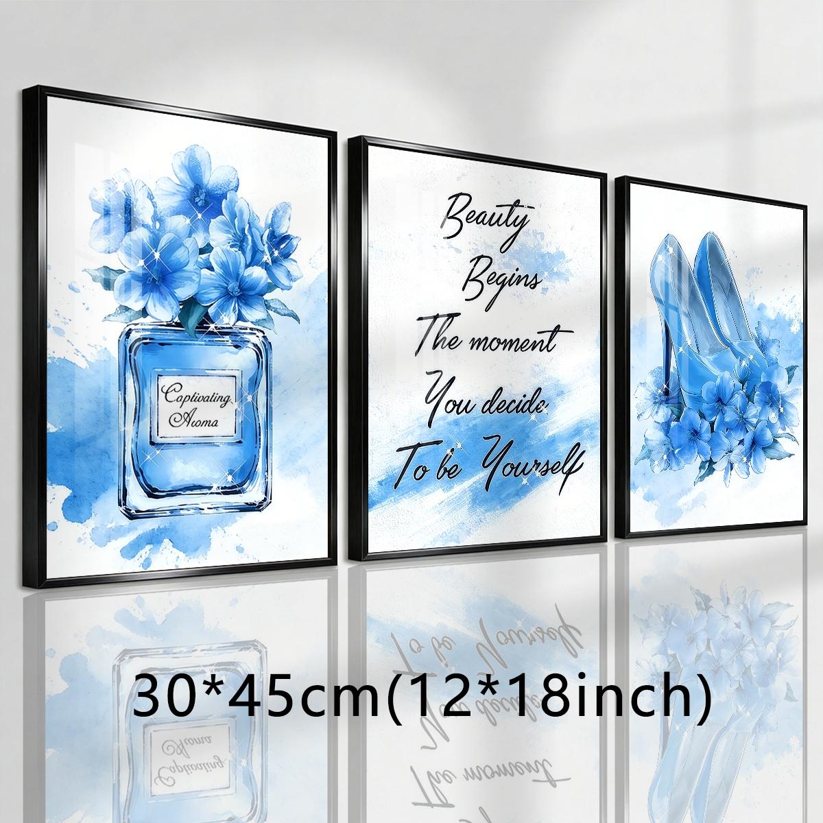 3 Counts Aluminum Alloy Framed Painting, Blue High Heels Perfume And Flowers Illustration, Home Decoration For Living Room, Bedroom, Office, Restaurant, Hallway Wall Decor, Odorless Print Artwork, Luxury Perfect Gift For Friends And Family