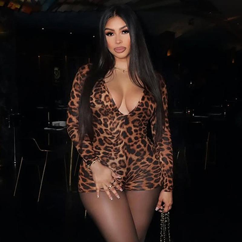 Women's Leopard Print V Neck Long Sleeve Romper, Ladies Spring Fall Winter Party Club Date Holiday Daily Casual One-piece Set Shorts Jumpsuits Playsuits For Everyday Wear