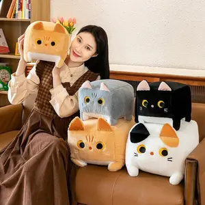 Square Cat Pillow Plush Toy Kitten Animal Plush Fluffy Cushion Soft Doll Cartoon Kawaii Black Cat Decoration Pillow Relaxing Kid