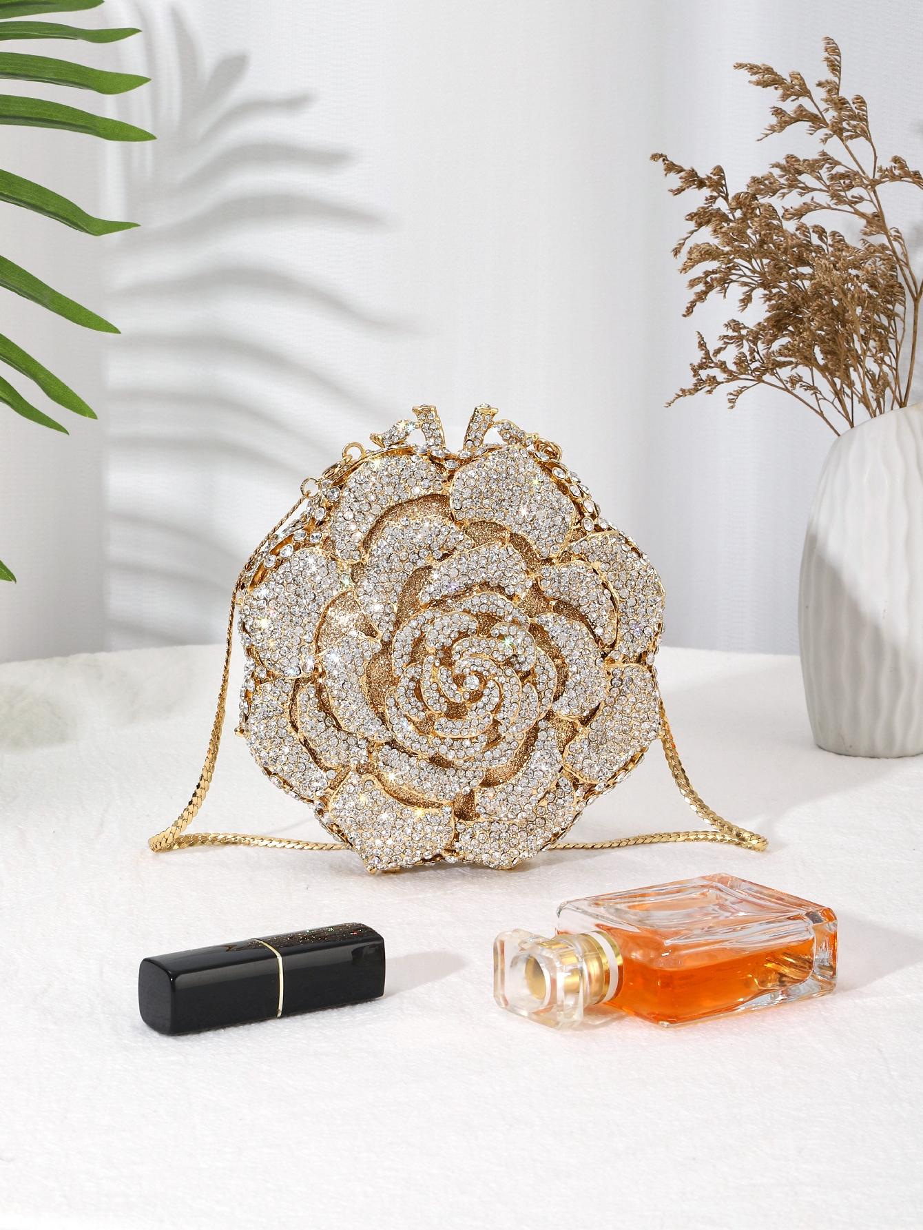 1pc Mini Elegant Clutch Bags Rhinestone Flower Design Evening Purses For Party&Prom,Luxury Metal Crystal Handmade Clutch Bags For Women,Full Diamond Dinner Clutches Novelty/Glitter Handbags For Wedding Bride/Gifts