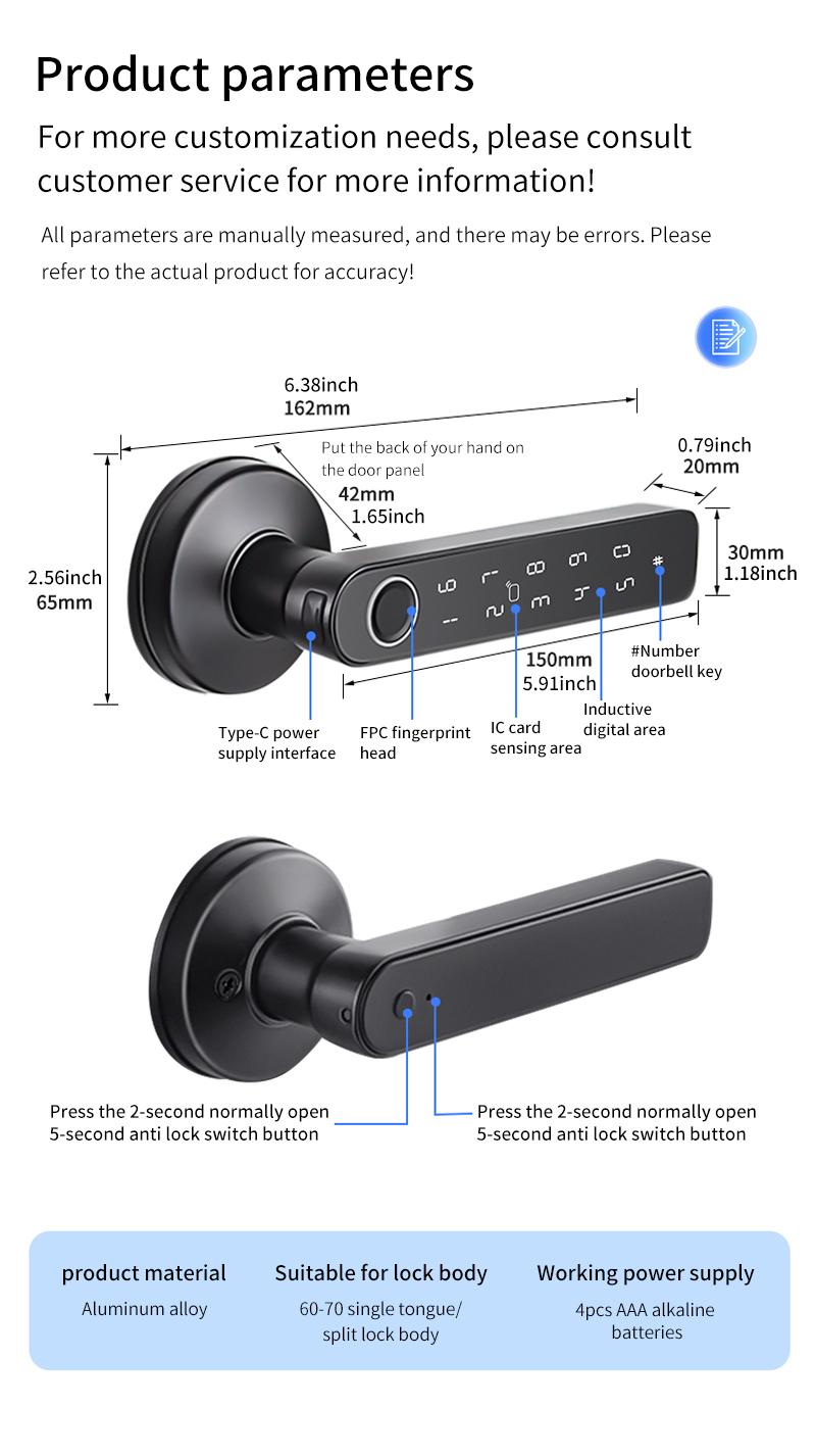 Tuya Smart Fingerprint Door Lock, Wireless Battery Powered, Supports Fingerprints/APP/mechanical Key, Low Energy Design, Low Battery Alert