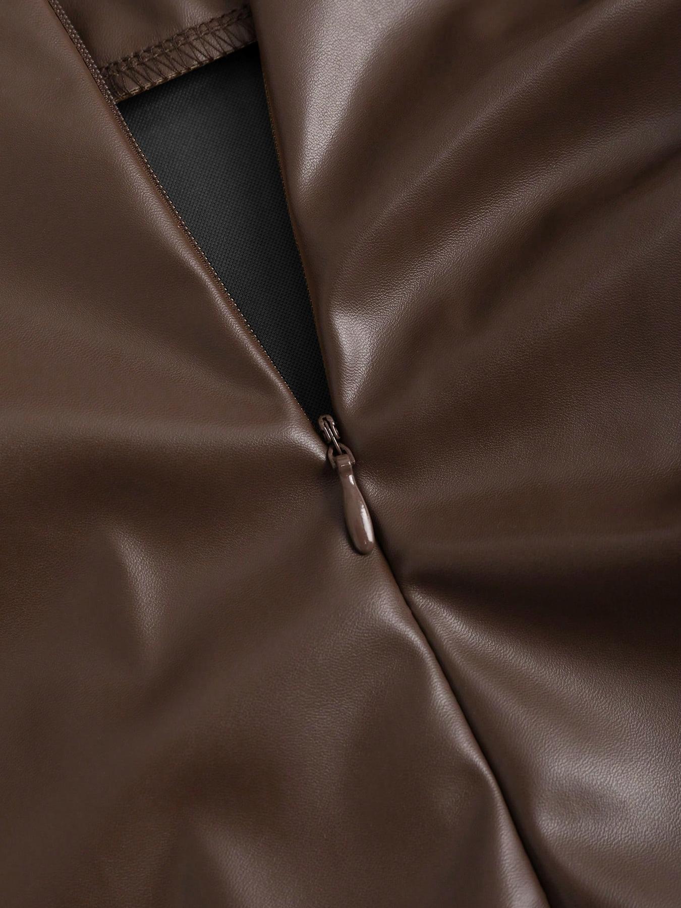 Women's High-Waisted Fitted Mini Short Skirt, PU Leather Chic Vintage Retro Y2K Side-Slit Pleated A-Line Skirt for Spring & Fall for Valentine's Day Date & Party