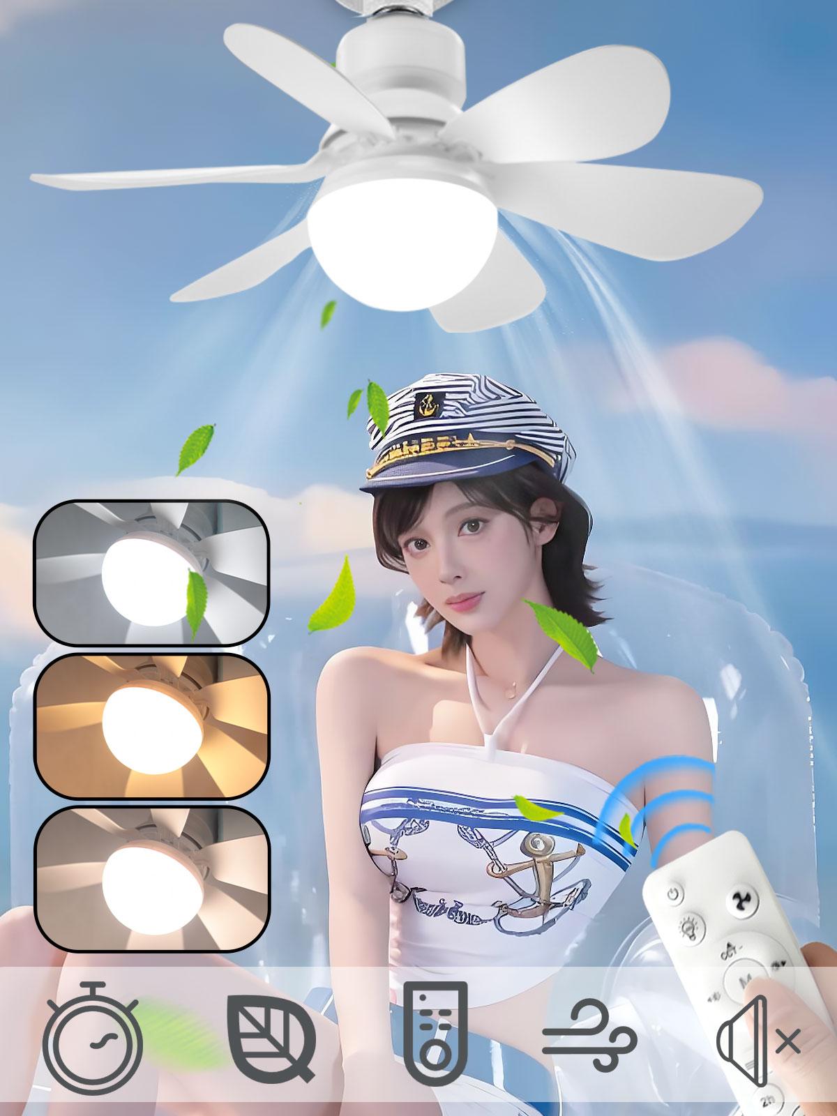 E27 Light Socket Compatible with Ceiling Fan, Wireless Remote Control & LED Bulb, 3 Color Changing, 3 Speeds, 85-265v, Small Ceiling Fan