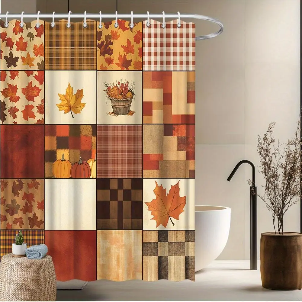2D Flat Shower Curtain 1pc, Autumn Harvest Pumpkin Patchwork Shower Curtain, Maple Leaf Autumn Print, Rustic Farmhouse Style Cozy Decor, Fade-Resistant Machine Washable, Comes with 12 Hooks, Halloween and Thanksgiving Seasonal Home Bathroom Decoration