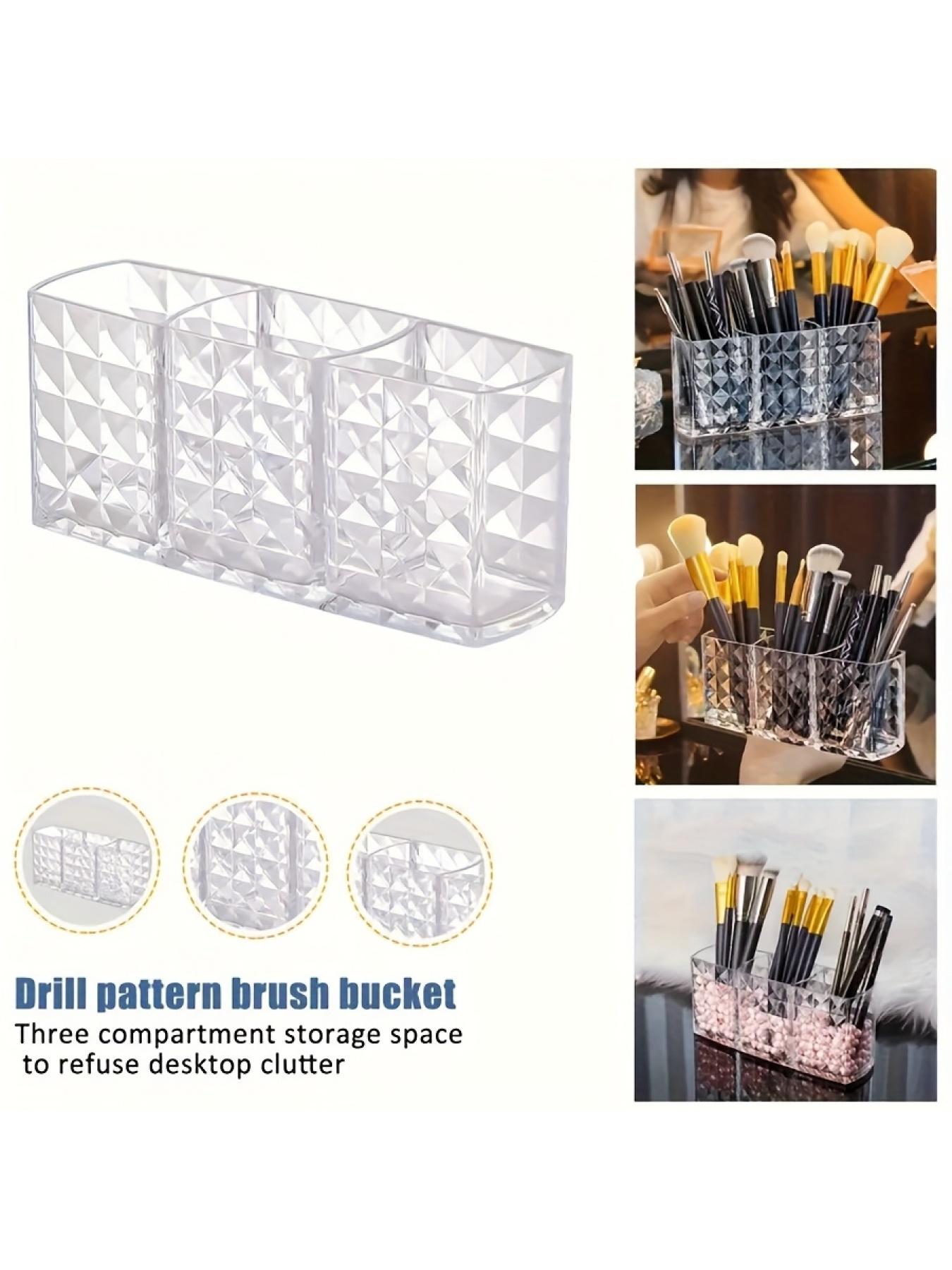 Large Capacity Clear Divided Makeup Brush Organizer - No Assembly Required, Lightweight Stable Base, Geometric Pattern Polished Surface, Storage for Lipsticks, Eyeshadows, Cosmetics & Skincare, Perfect for Vanity & Bathroom Countertop