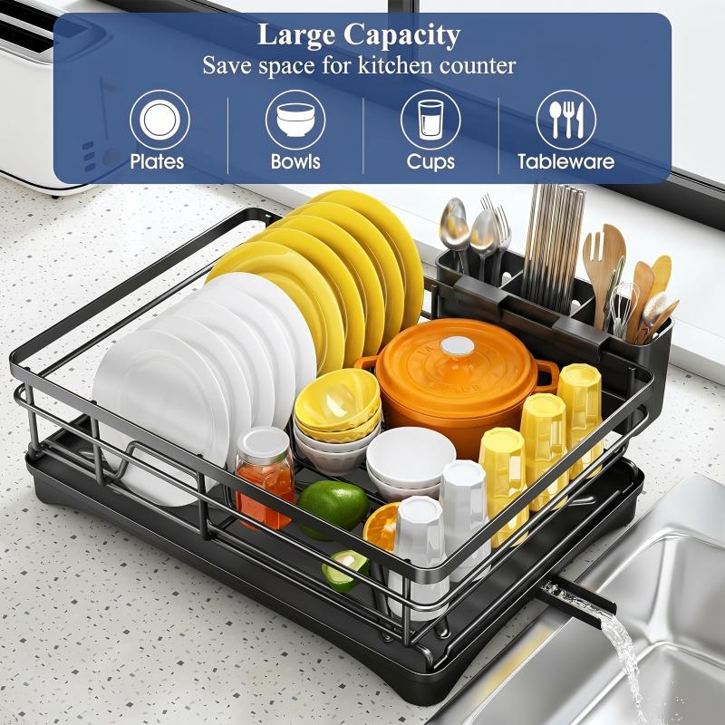 1pc  Large metal drain rack with drain pan, rust proof kitchen storage rack, saving countertop space for utensil storage, black dish rack