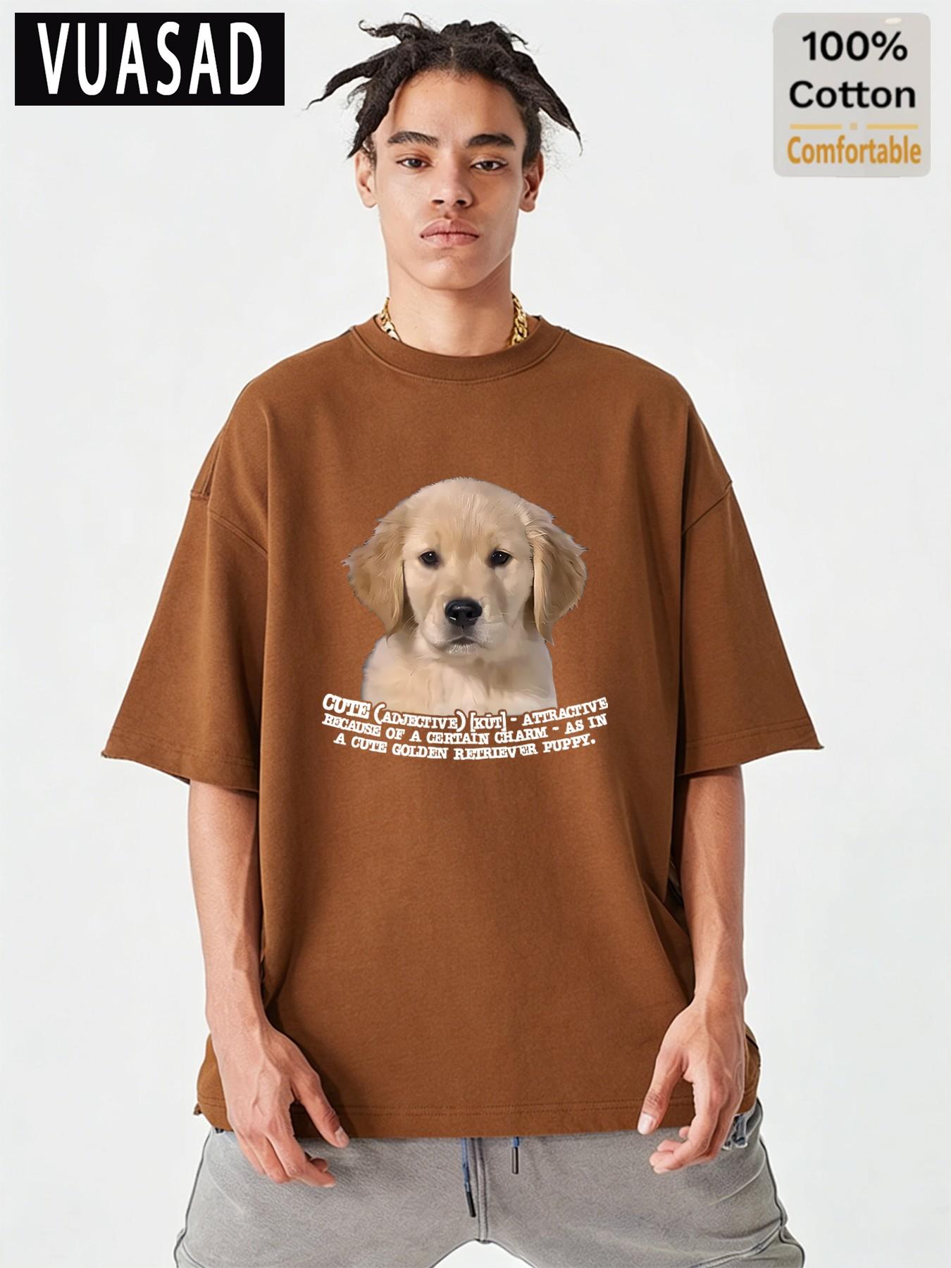 Adorable Golden Retriever Puppy Print Short Sleeve T-Shirt, Men's Loose-Fit Drop Shoulder Cotton Top, Casual Fashion Long Tee