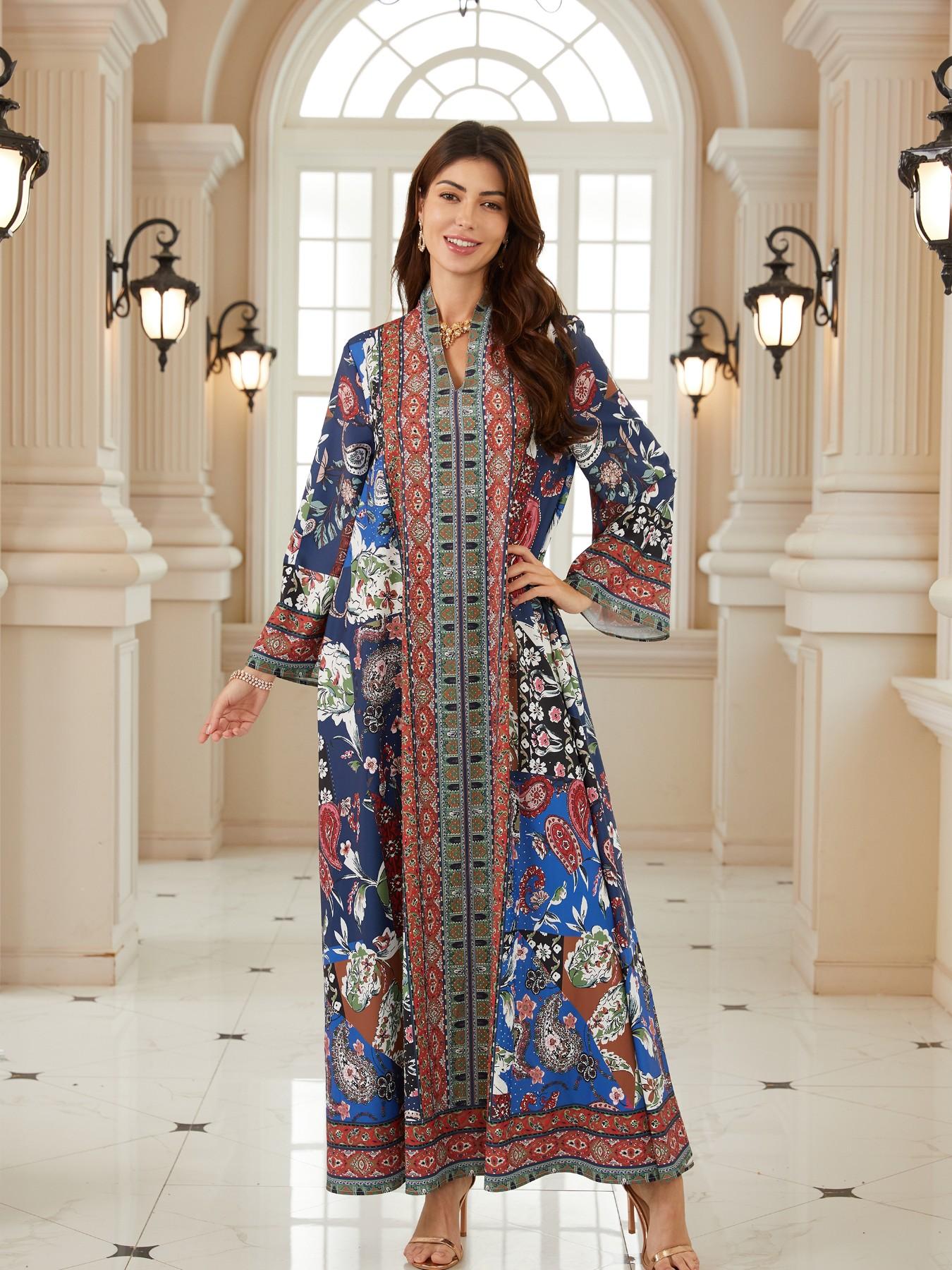 Women's Blue Printed Embellished Long Robe, Dubai Style Kaftan Evening Gown, Eid Al-Fitr Festival Dress, Abaya with Full Rhinestones