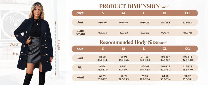 VXYGER Women's Winter Double Breasted Pea Coat Notched Lapel Midi Trench Coat Trendy Elegant Work & Casual Jacket in Camel Off-White Black Navy Yellow Sizes S-XXL Classic Design Warm Comfortable Fabric