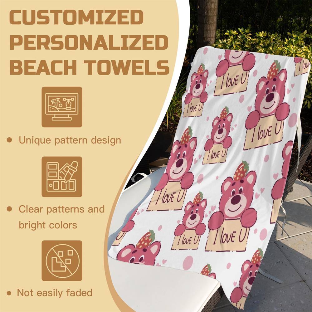Cute Cartoon Bear Print Beach Towel, Japanese Style Kawaii Teddy Bear with Polka Dots Stars Hearts Pattern, Soft Microfiber Oversized Quick Dry Sand Free Absorbent Towel for Beach, Pool, Swimming, Travel, Camping and Yoga, Japanese Cute Aesthetic Beach Ac