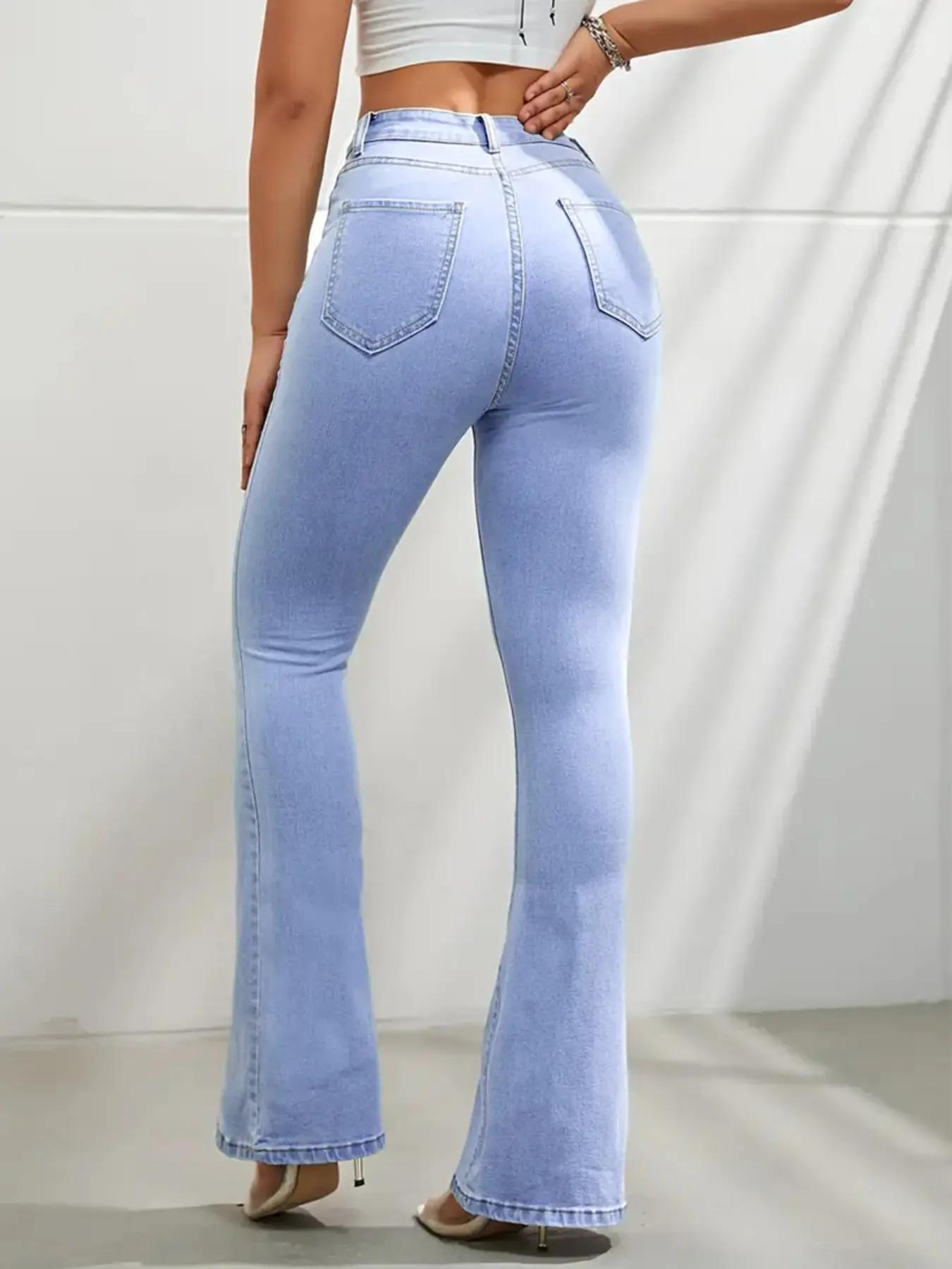 Women's Elastic Casual Denim Bell Bottoms, Slim-Fitting Natural Waist Pants, Plain Pattern, All Seasons, Pockets Design