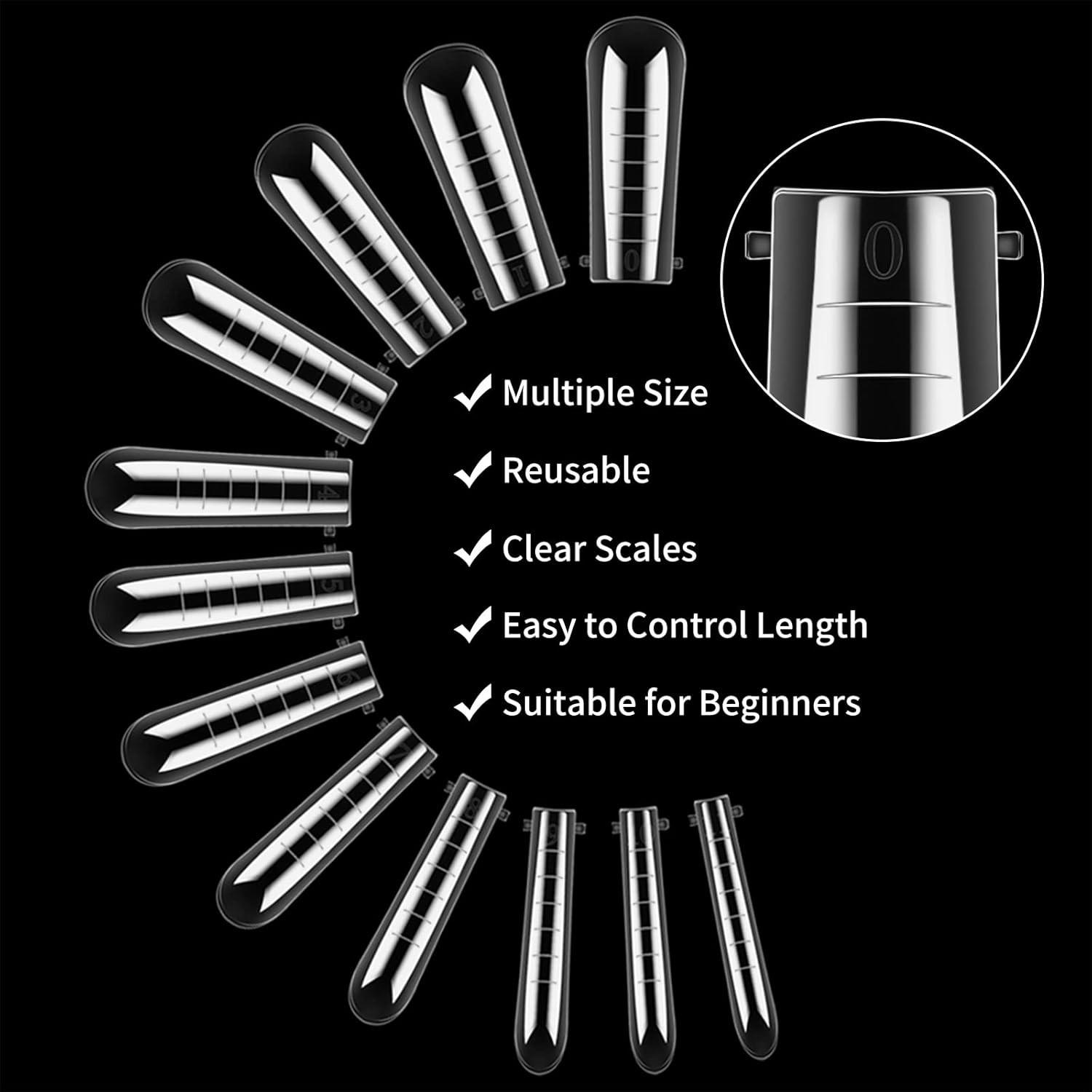 Nail Extension Mold Kit with Scale Nail Tips, Crystal Clips, Square Nail Forms, UV Gel Brush, Cuticle Pusher, Nail File, DIY & Salon Use