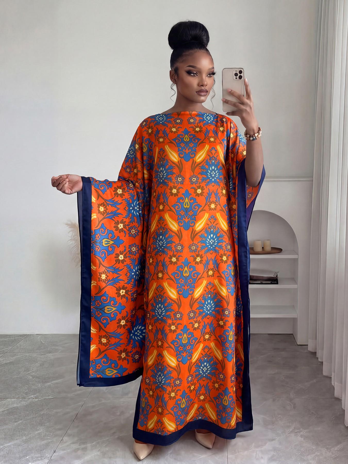 Elegant Fashion Full-Print Robe Set, Moo Moo Printed Loose Long Dress with Scarf, Shawl, Women's Beach Sun Protection Casual Outfit