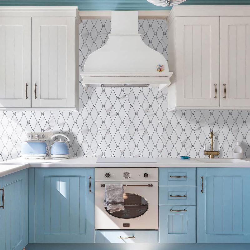 STICKGOO 10 Sheets Glass Marble Peel and Stick Backsplash, Tiles Sticker Self Adhesive Mixed Metal Backsplash for Kitchen/Bathroom/Fireplace/RV - Calacatta Wall Art Stickers Decorative