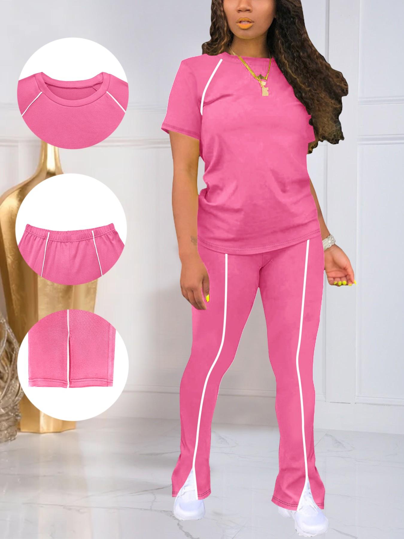 Summer Fashion New Round Neck Solid Color Striped Patchwork Short Sleeve Fitted Top with Long Pants Set, Women's Two-Piece