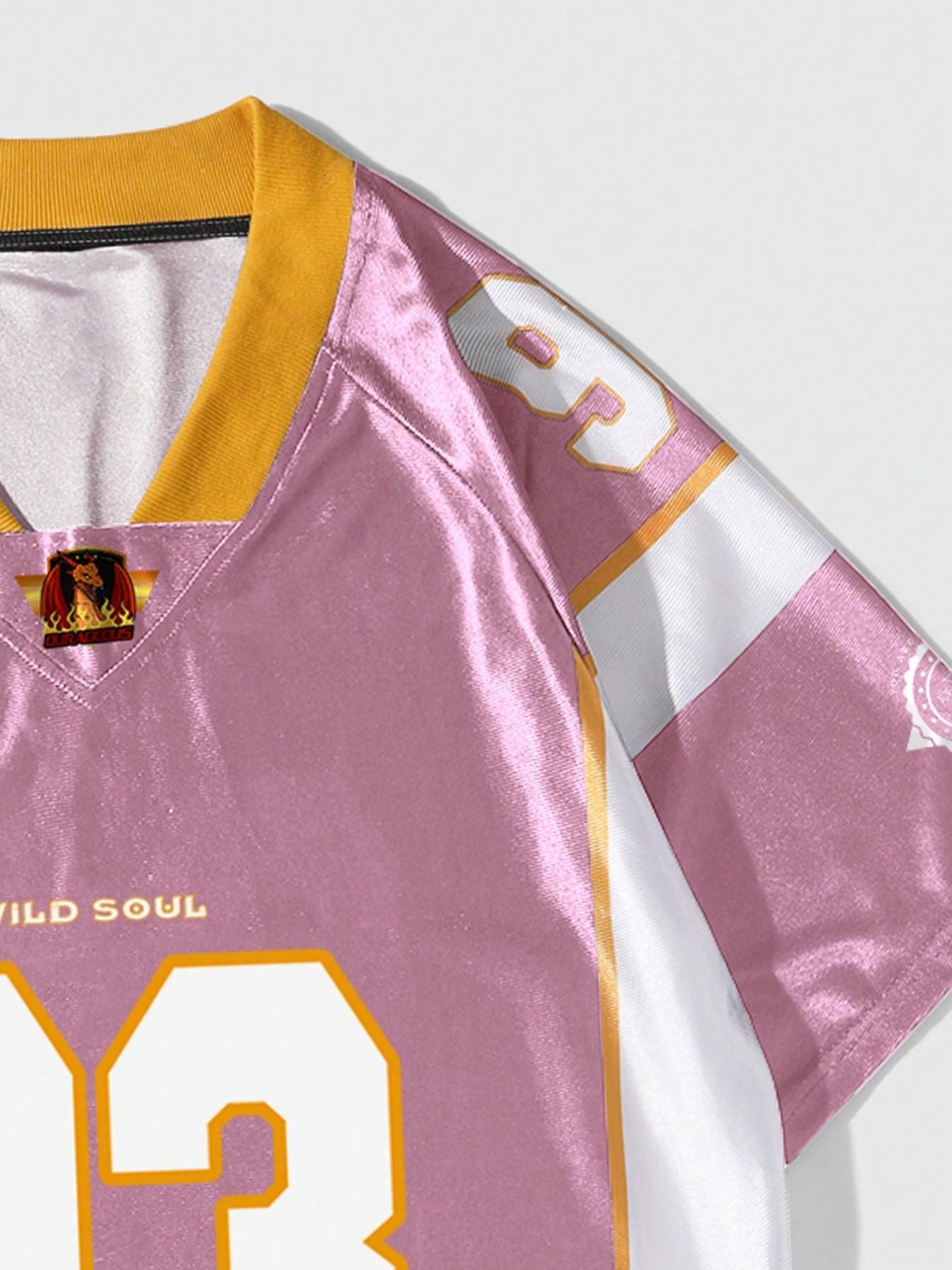 "Men's Pink Wild Soul 93 Graphic Oversized Football Jersey, V Neck Short Sleeve Mesh Streetwear Top for Daily Wear, Gym Workout and Casual Street Style"